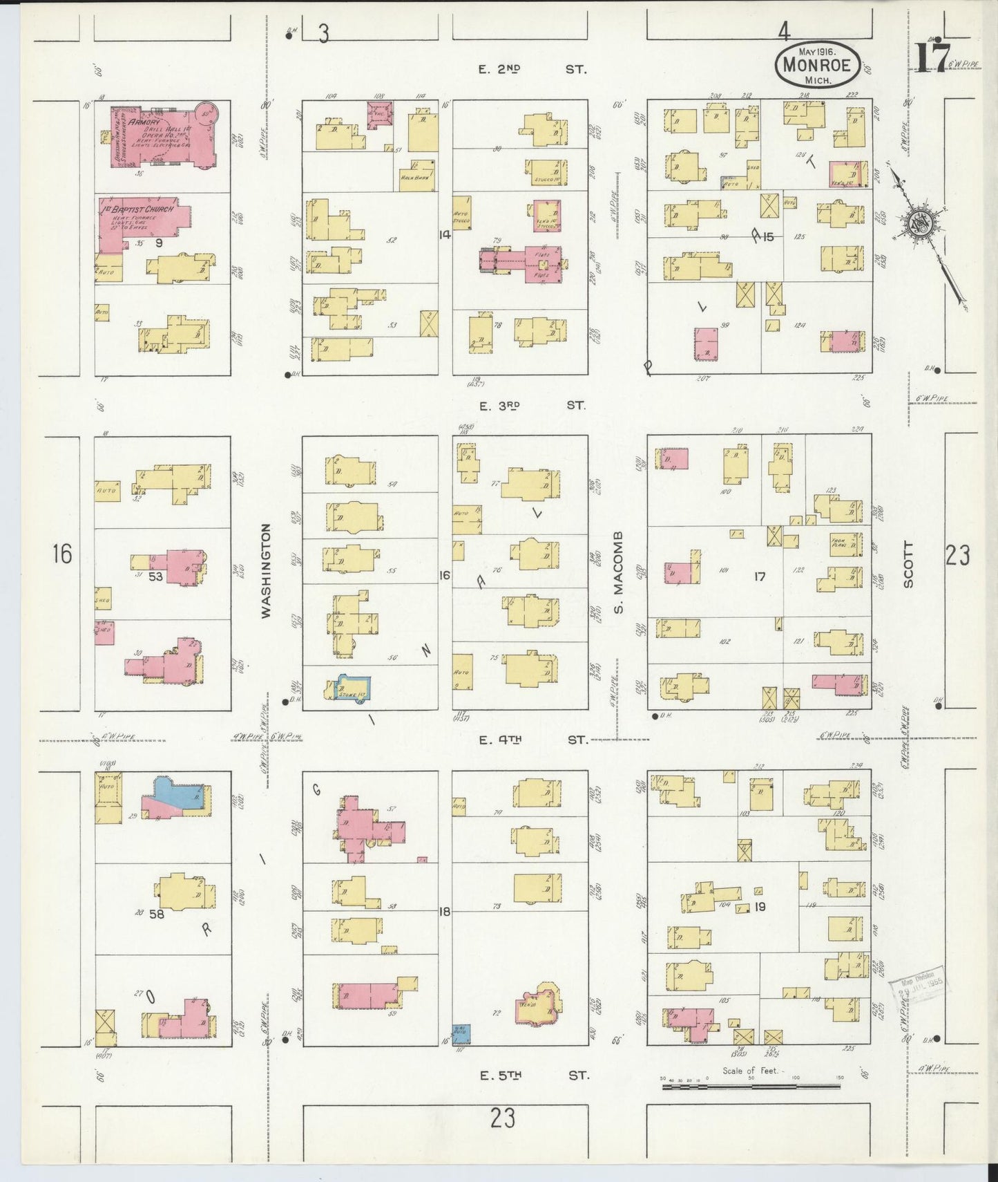 Sanborn Fire Insurance Map from Monroe, Monroe County, Michigan (1916), Sheet #0017 - Historic Sanborn Fire Insurance Map Print, vintage old map wall art, antique decor, genealogy gift, Michigan Michigan map