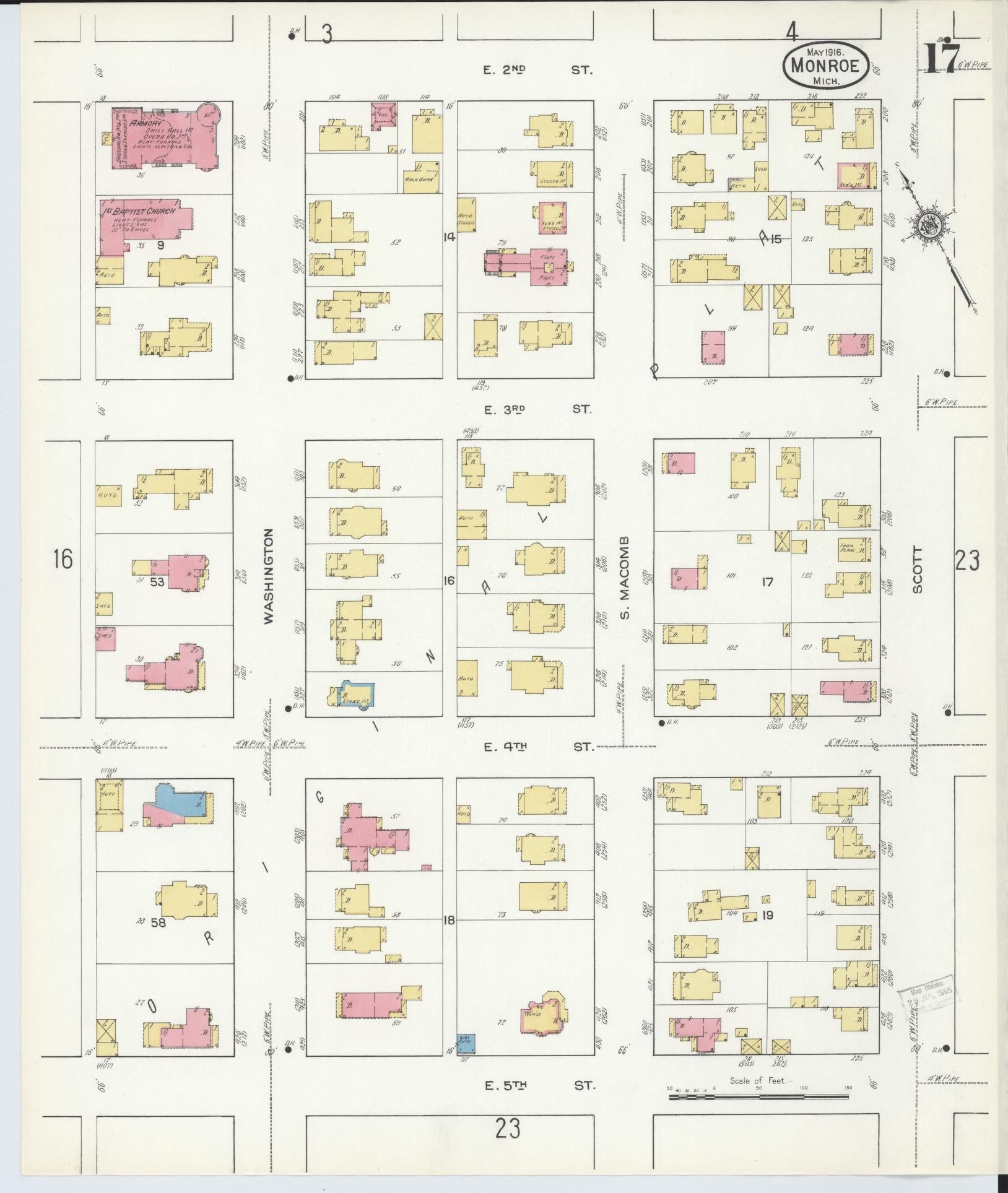 Sanborn Fire Insurance Map from Monroe, Monroe County, Michigan (1916), Sheet #0017 - Historic Sanborn Fire Insurance Map Print, vintage old map wall art, antique decor, genealogy gift, Michigan Michigan map