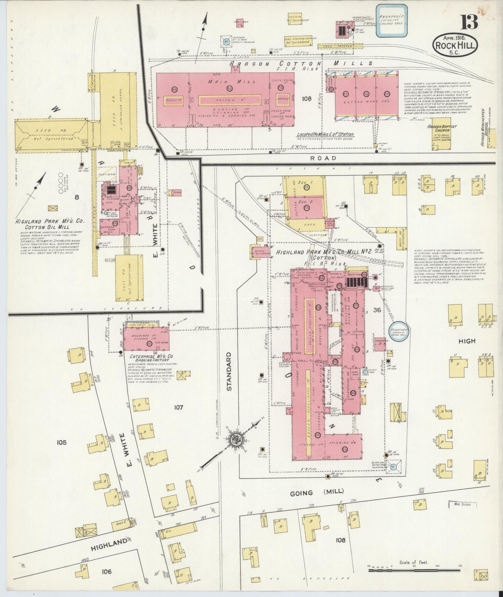 Sanborn Fire Insurance Map from Rock Hill, York County, South Carolina (1916), Sheet #0013 - Complete Map Set gallery image, historic Sanborn map, vintage wall art, South Carolina South Carolina