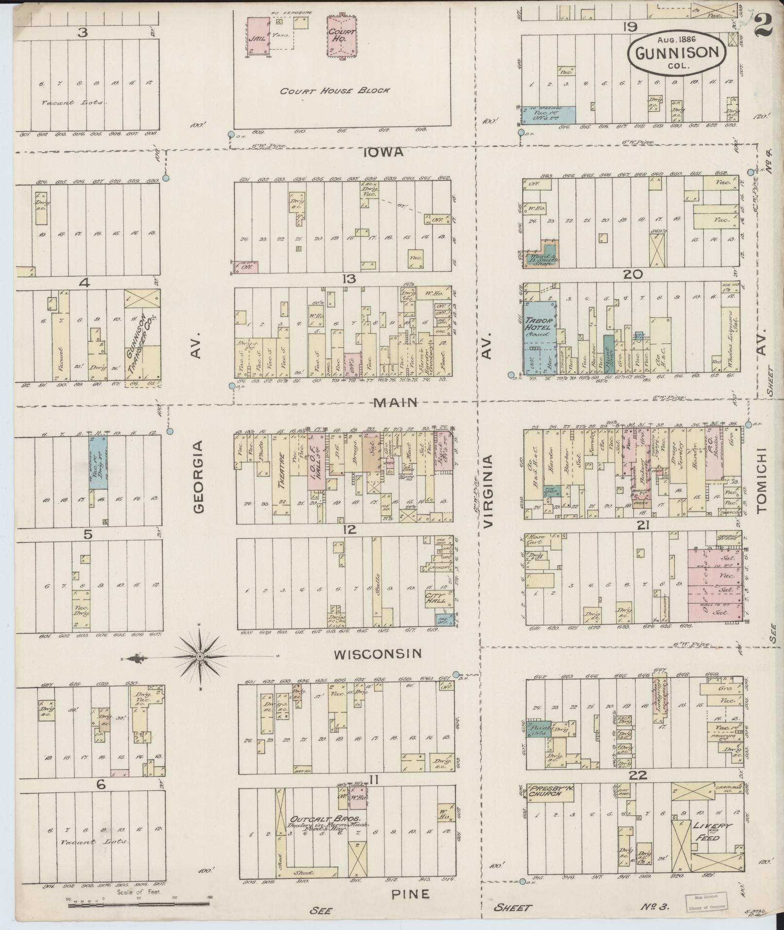 Sanborn Fire Insurance Map from Gunnison, Gunnison County, Colorado (1886), Sheet #0002 - Complete Map Set gallery image, historic Sanborn map, vintage wall art, Colorado Colorado