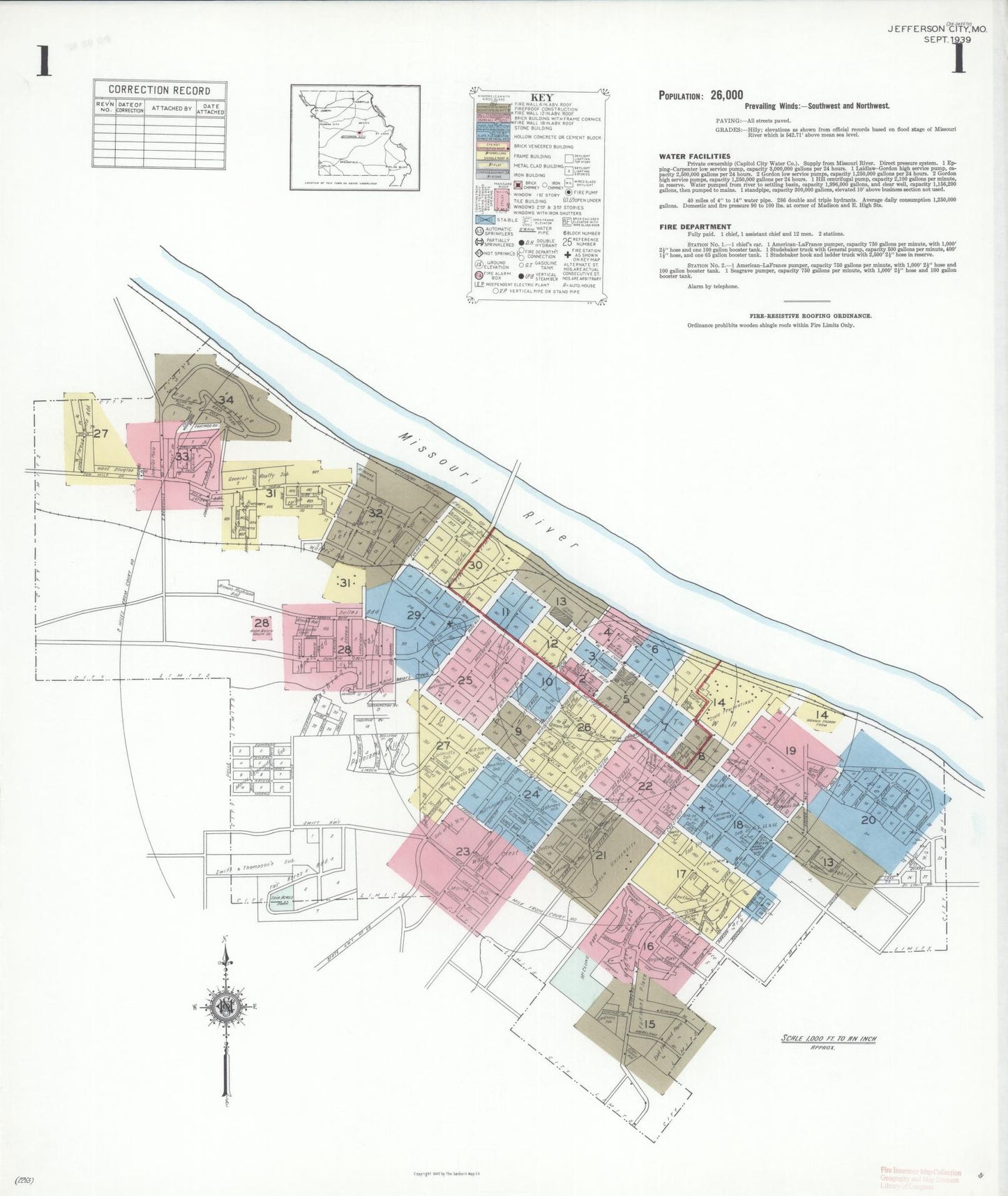 Sanborn Fire Insurance Map from Jefferson City, Cole County, Missouri (1939), Sheet #0001 - Complete Map Set gallery image, historic Sanborn map, vintage wall art, Missouri Missouri