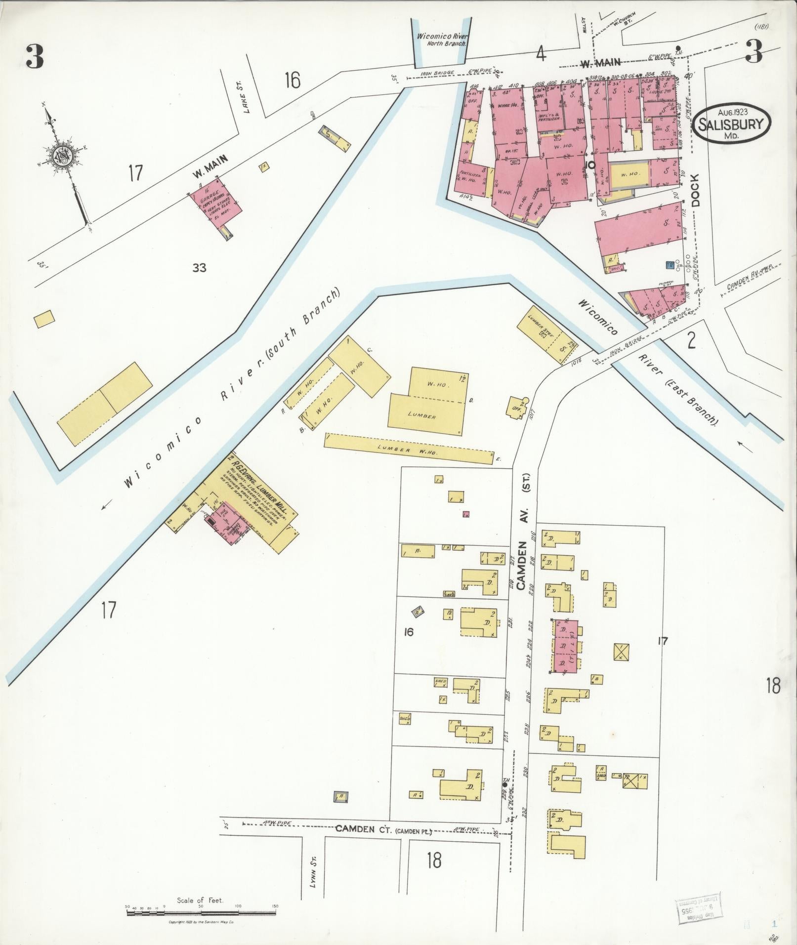 Sanborn Fire Insurance Map from Salisbury, Wicomico County, Maryland (1923), Sheet #0003 - Historic Sanborn Fire Insurance Map Print, vintage old map wall art