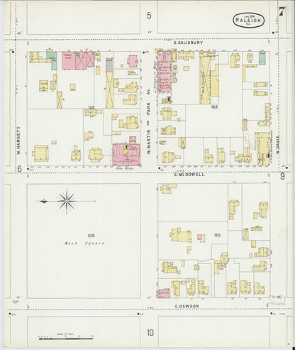 Sanborn Fire Insurance Map from Raleigh, Wake County, North Carolina (1896), Sheet #0007 - Historic Sanborn Fire Insurance Map Print, vintage old map wall art, antique decor, genealogy gift, North Carolina North Carolina map