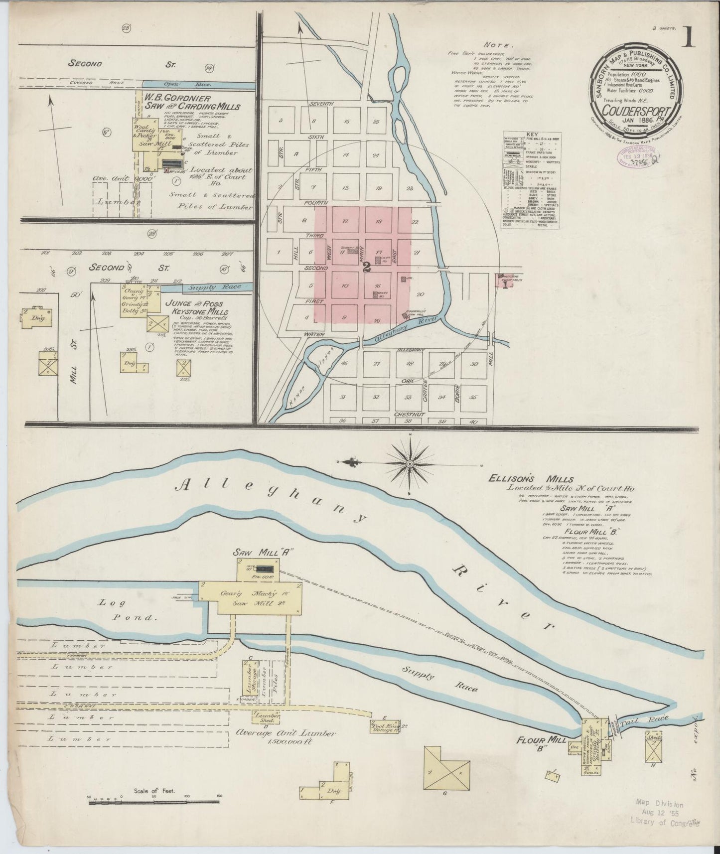 Sanborn Fire Insurance Map from Coudersport, Potter County, Pennsylvania (1886), Sheet #0001 - Historic Sanborn Fire Insurance Map Print, vintage old map wall art, antique decor, genealogy gift, Pennsylvania Pennsylvania map