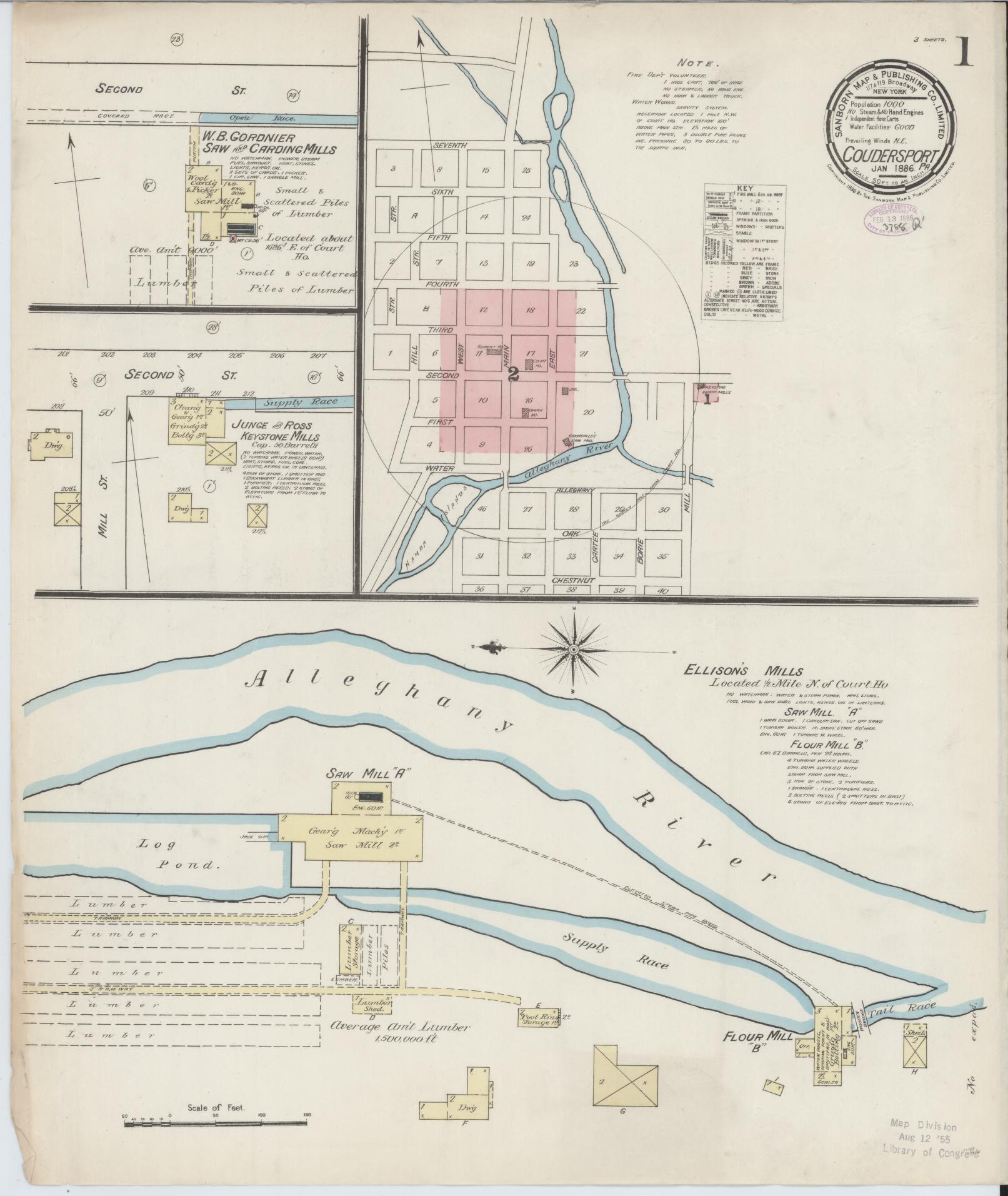 Sanborn Fire Insurance Map from Coudersport, Potter County, Pennsylvania (1886), Sheet #0001 - Historic Sanborn Fire Insurance Map Print, vintage old map wall art, antique decor, genealogy gift, Pennsylvania Pennsylvania map