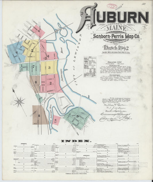 Sanborn Fire Insurance Map from Auburn, Androscoggin County, Maine (1892), Sheet #0001 - Historic Sanborn Fire Insurance Map Print, vintage old map wall art, antique decor, genealogy gift, Maine Maine map