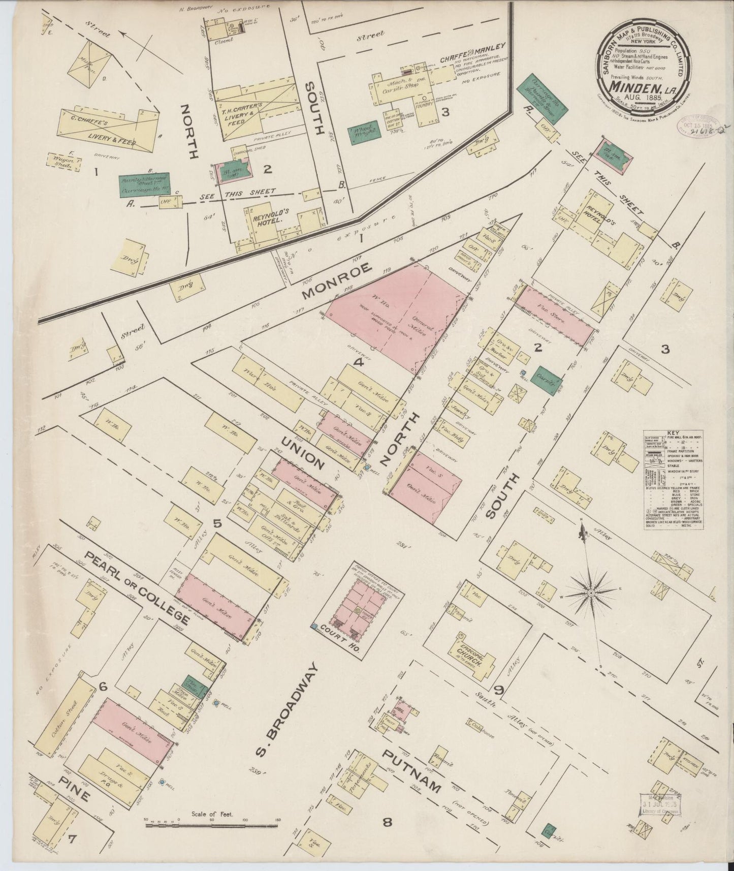 Sanborn Fire Insurance Map from Minden, Webster Parish, Louisiana (1885), Sheet #0001 - Historic Sanborn Fire Insurance Map Print, vintage old map wall art, antique decor, genealogy gift, Louisiana Louisiana map