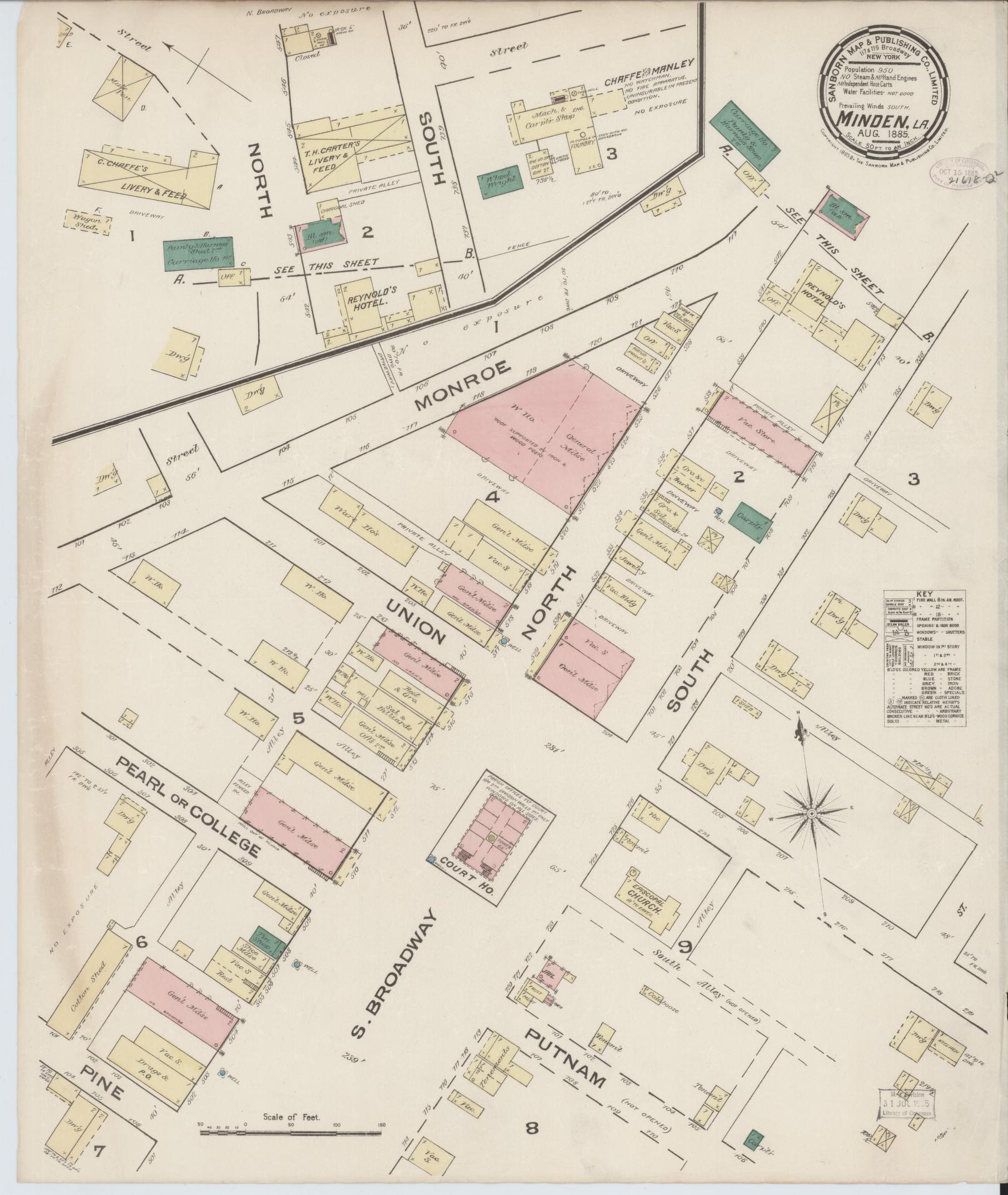 Sanborn Fire Insurance Map from Minden, Webster Parish, Louisiana (1885), Sheet #0001 - Historic Sanborn Fire Insurance Map Print, vintage old map wall art, antique decor, genealogy gift, Louisiana Louisiana map