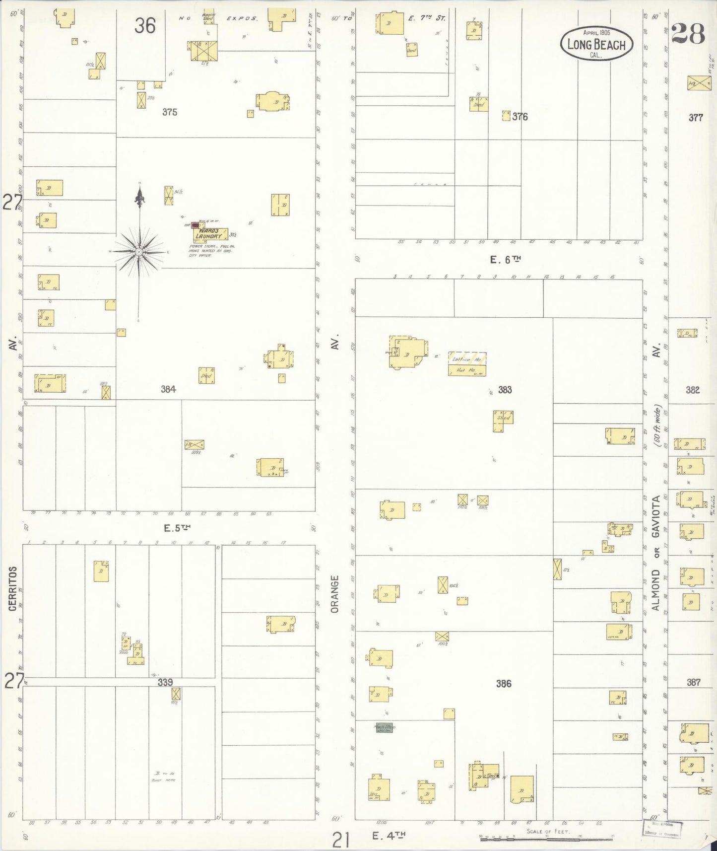 Sanborn Fire Insurance Map from Long Beach, Los Angeles County, California (1905), Sheet #0028 - Complete Map Set gallery image, historic Sanborn map, vintage wall art, California California