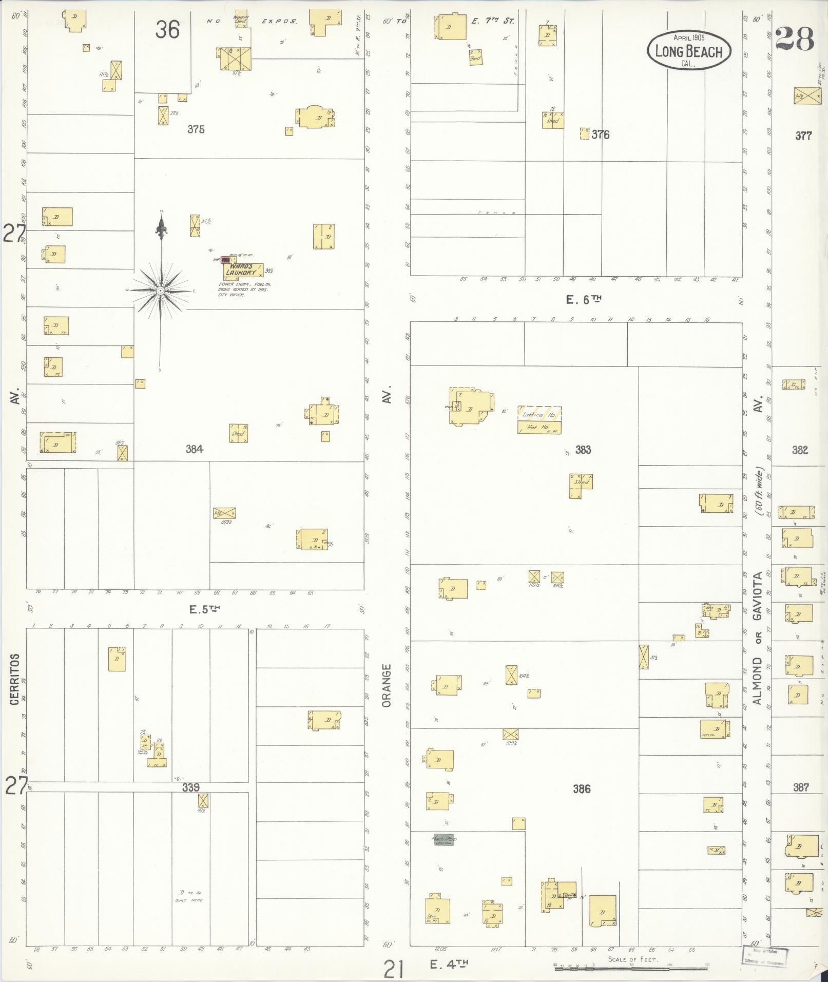 Sanborn Fire Insurance Map from Long Beach, Los Angeles County, California (1905), Sheet #0028 - Complete Map Set gallery image, historic Sanborn map, vintage wall art, California California