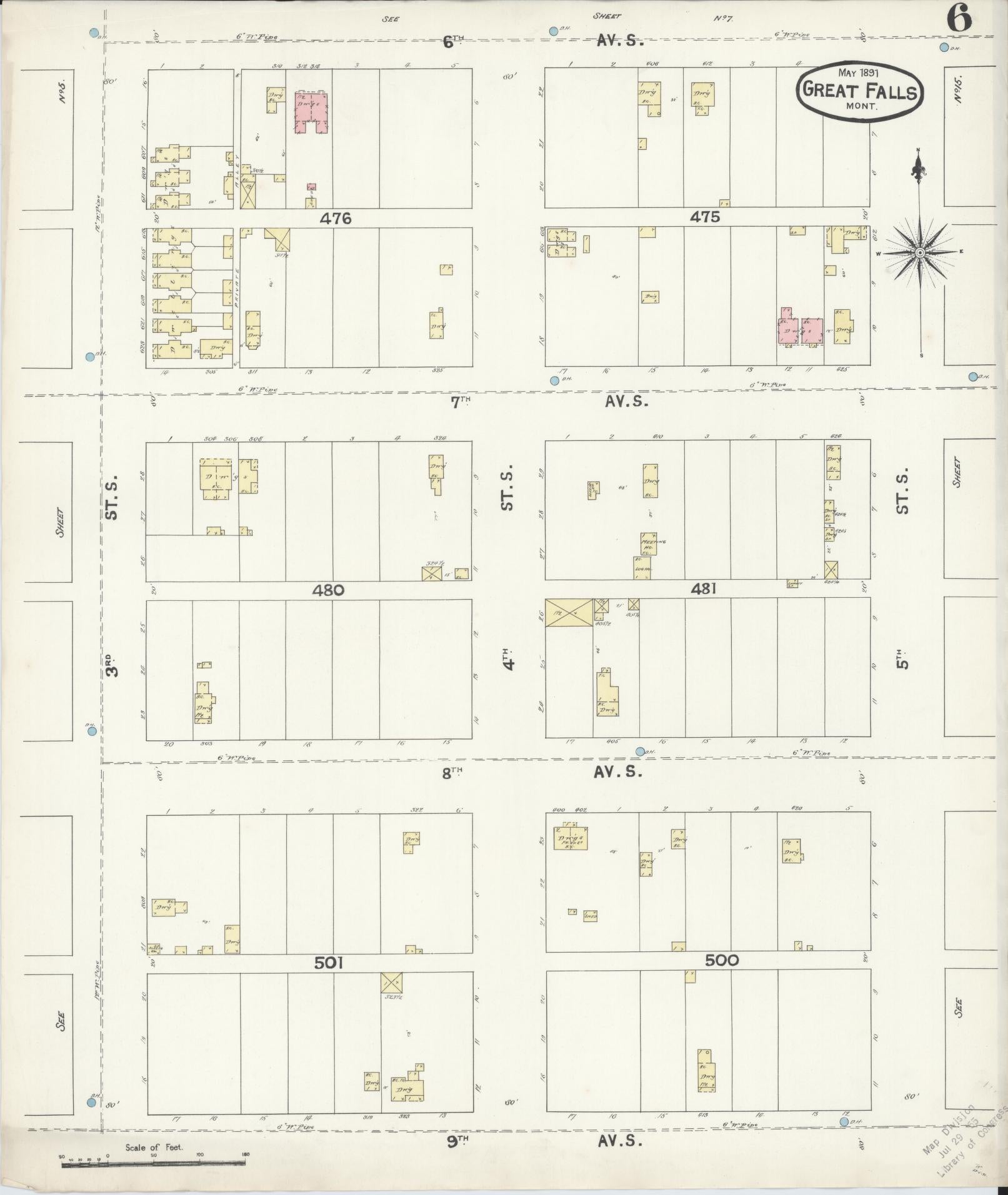 Sanborn Fire Insurance Map from Great Falls, Cascade County, Montana (1891), Sheet #0006 - Historic Sanborn Fire Insurance Map Print, vintage old map wall art, antique decor, genealogy gift, Montana Montana map