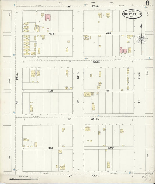 Sanborn Fire Insurance Map from Great Falls, Cascade County, Montana (1891), Sheet #0006 - Historic Sanborn Fire Insurance Map Print, vintage old map wall art, antique decor, genealogy gift, Montana Montana map