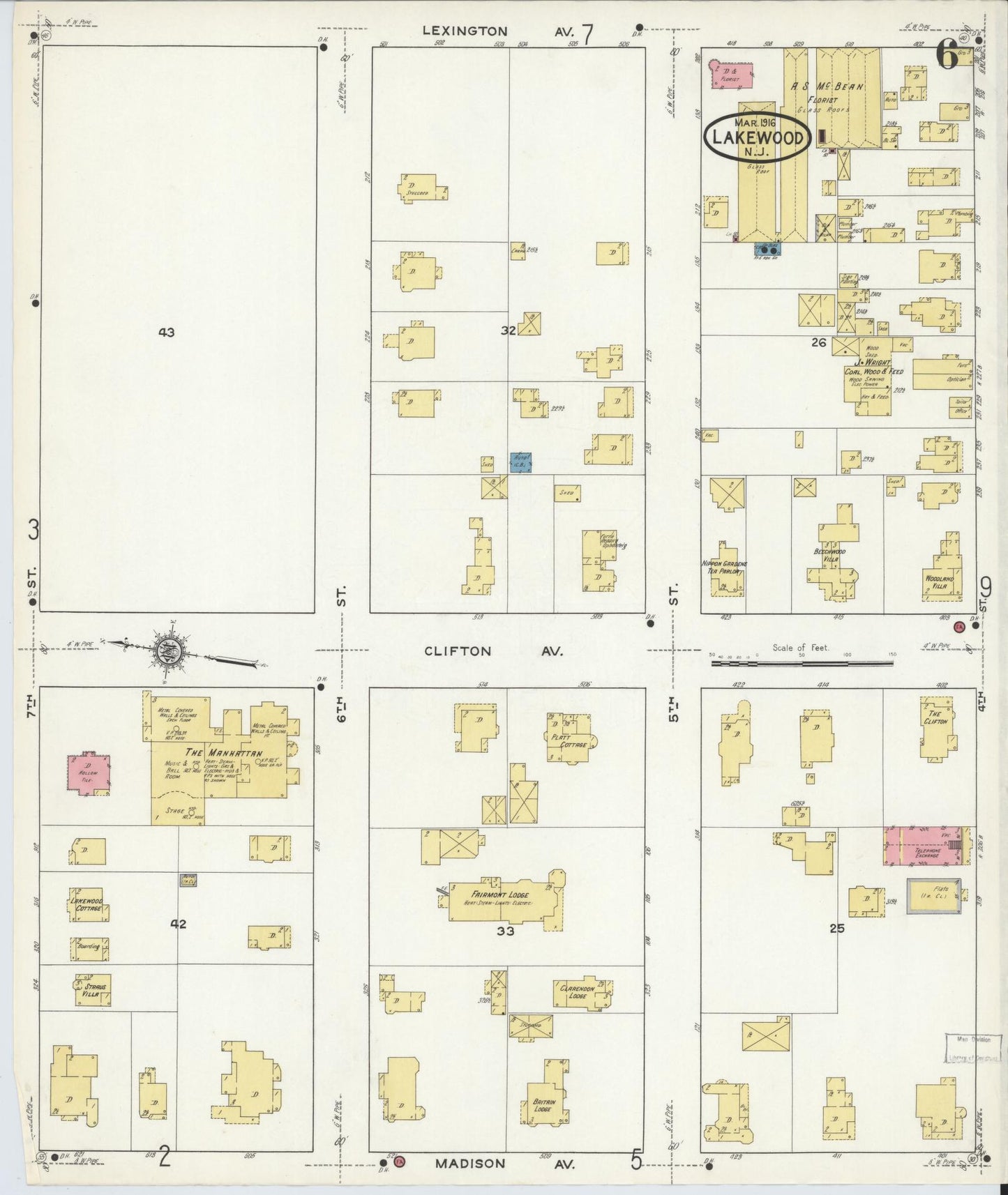 Sanborn Fire Insurance Map from Lakewood, Ocean County, New Jersey (1916), Sheet #0006 - Historic Sanborn Fire Insurance Map Print, vintage old map wall art, antique decor, genealogy gift, New Jersey New Jersey map