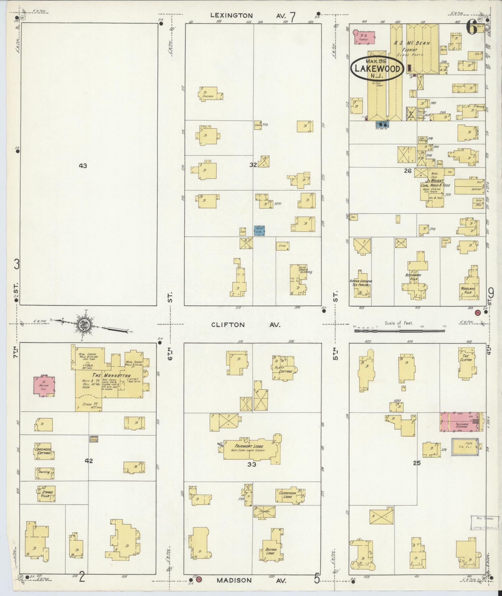 Sanborn Fire Insurance Map from Lakewood, Ocean County, New Jersey (1916), Sheet #0006 - Historic Sanborn Fire Insurance Map Print, vintage old map wall art, antique decor, genealogy gift, New Jersey New Jersey map