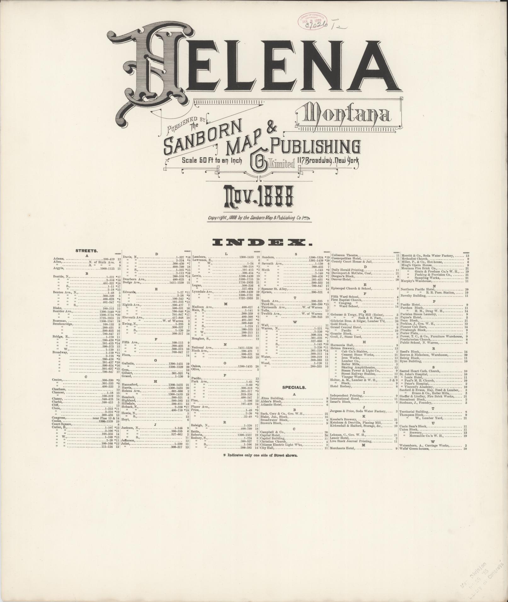 Sanborn Fire Insurance Map from Helena, Lewis and Clark County, Montana (1888), Sheet #0001 - Historic Sanborn Fire Insurance Map Print, vintage old map wall art, antique decor, genealogy gift, Montana Montana map
