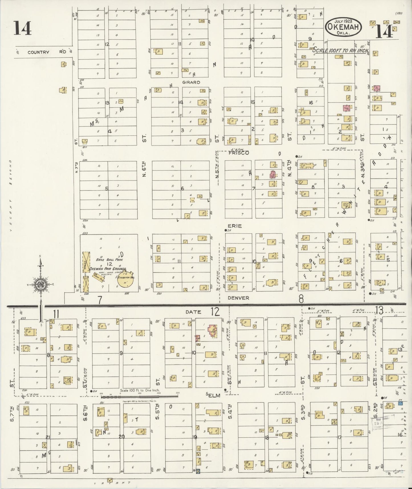 Sanborn Fire Insurance Map from Okemah, Okfuskee County, Oklahoma (1923), Sheet #0014 - Historic Sanborn Fire Insurance Map Print, vintage old map wall art, antique decor, genealogy gift, Oklahoma Oklahoma map