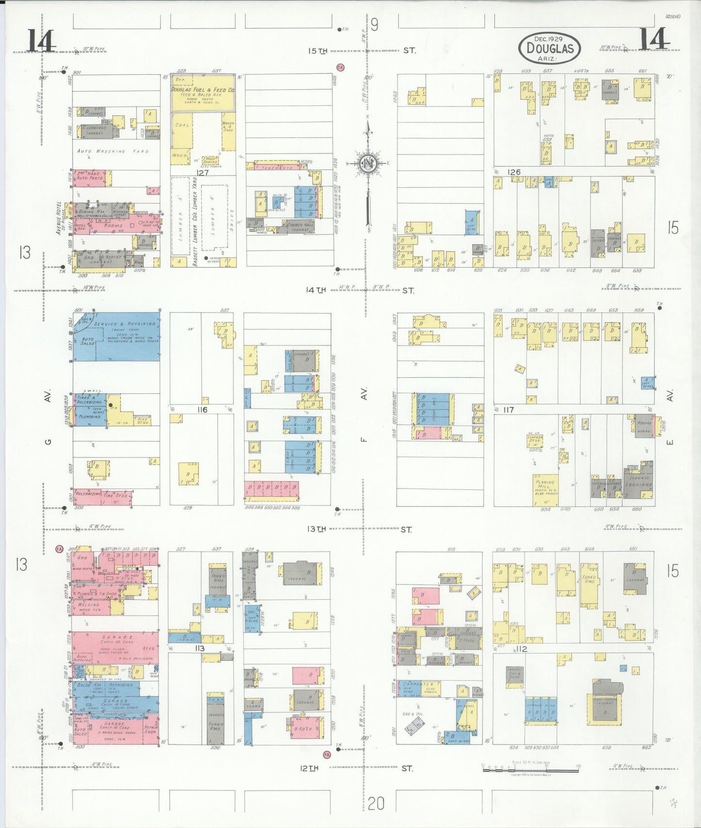 Sanborn Fire Insurance Map from Douglas, Cochise County, Arizona (1929), Sheet #0014 - Complete Map Set gallery image, historic Sanborn map, vintage wall art, Arizona Arizona