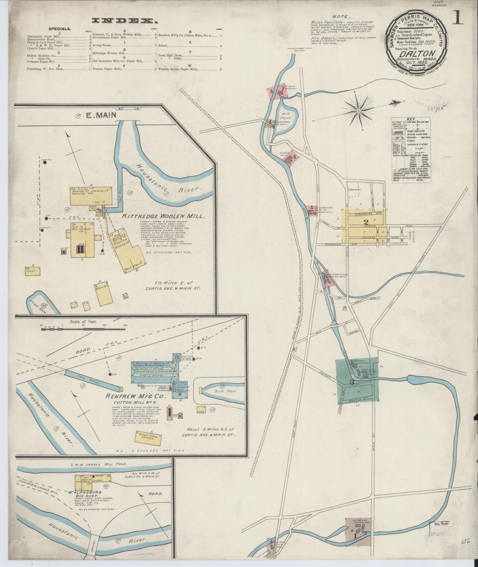 Sanborn Fire Insurance Map from Dalton, Berkshire County, Massachusetts (1892), Sheet #0001 - Historic Sanborn Fire Insurance Map Print, vintage old map wall art, antique decor, genealogy gift, Massachusetts Massachusetts map