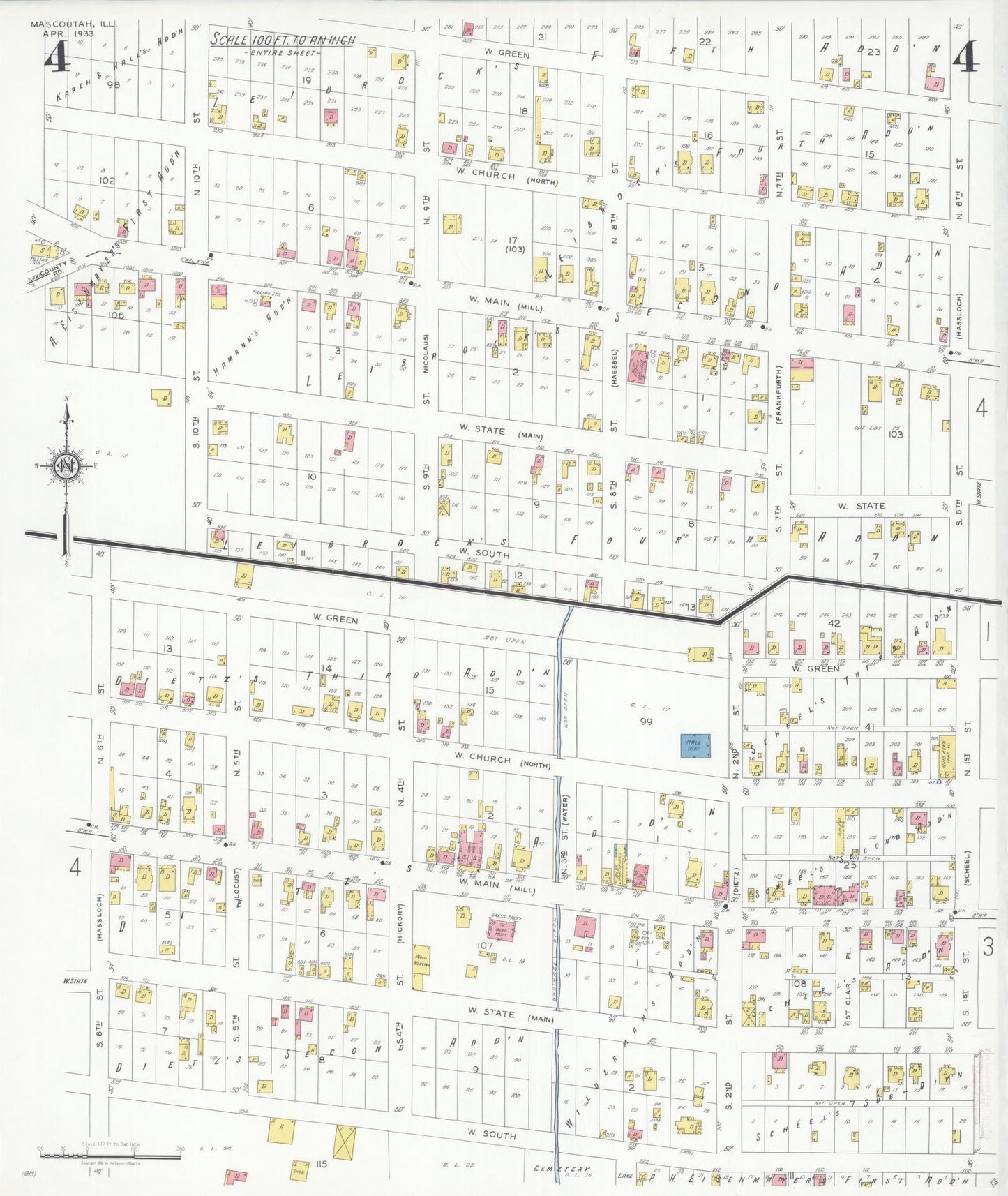 Sanborn Fire Insurance Map from Mascoutah, Saint Clair County, Illinois (1933), Sheet #0004 - Complete Map Set gallery image, historic Sanborn map, vintage wall art, Illinois Illinois