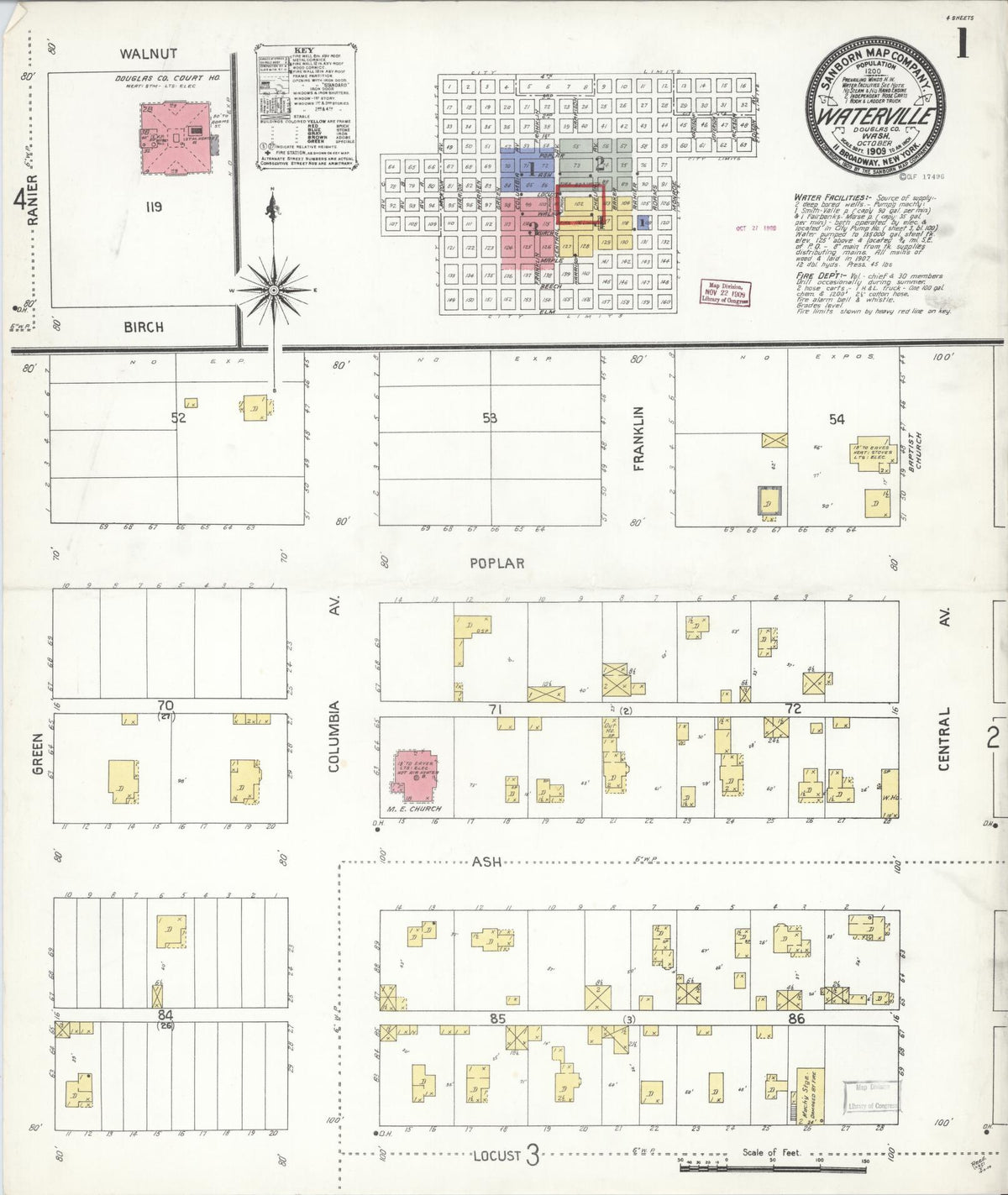 Sanborn Fire Insurance Map from Waterville, Douglas County, Washington (1909), Sheet #0001 - Historic Sanborn Fire Insurance Map Print, vintage old map wall art, antique decor, genealogy gift, Washington Washington map