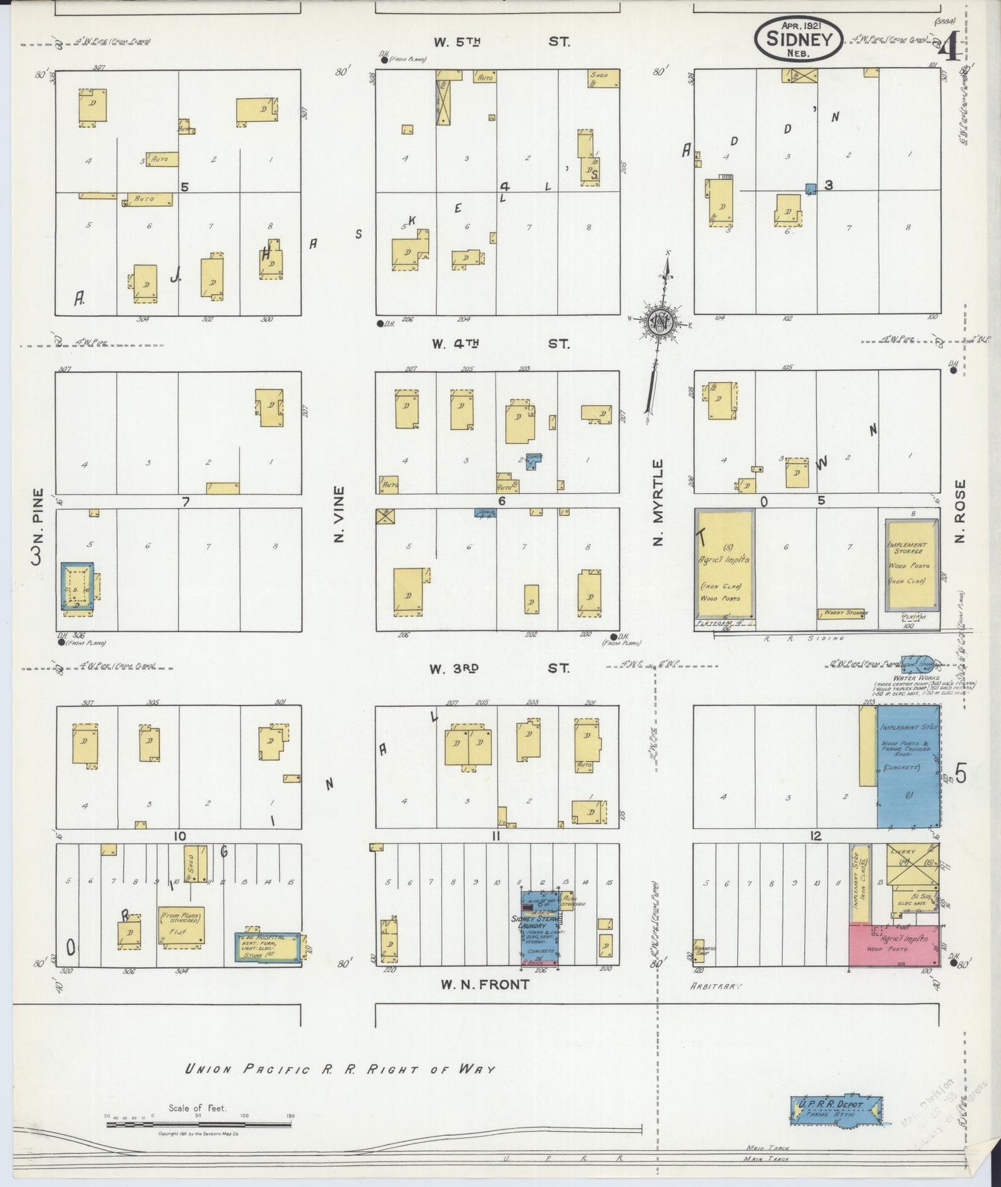 Sanborn Fire Insurance Map from Sidney, Cheyenne County, Nebraska (1921), Sheet #0004 - Complete Map Set gallery image, historic Sanborn map, vintage wall art, Nebraska Nebraska