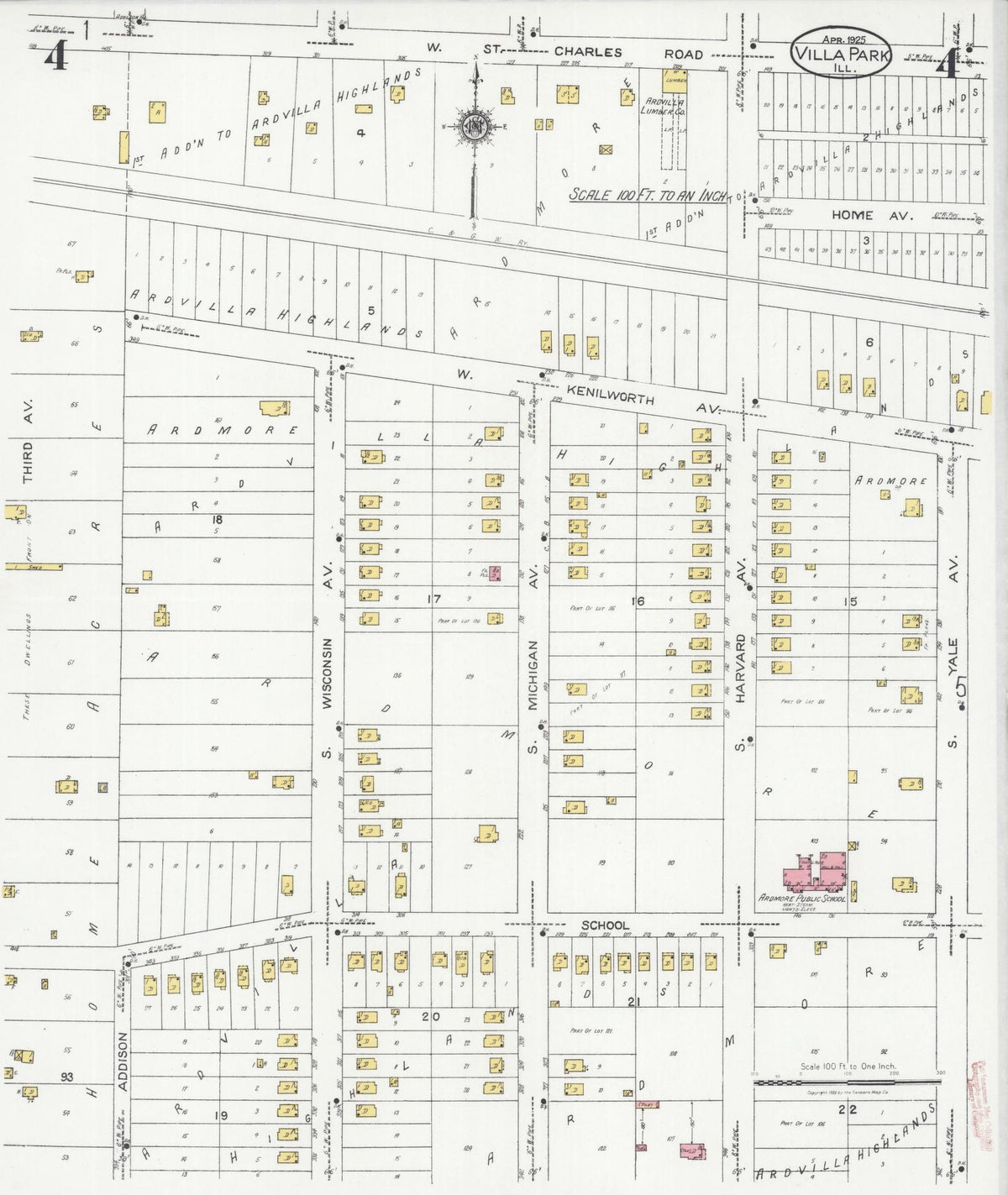 Sanborn Fire Insurance Map from Villa Park, Du Page County, Illinois (1925), Sheet #0004 - Historic Sanborn Fire Insurance Map Print, vintage old map wall art, antique decor, genealogy gift, Illinois Illinois map