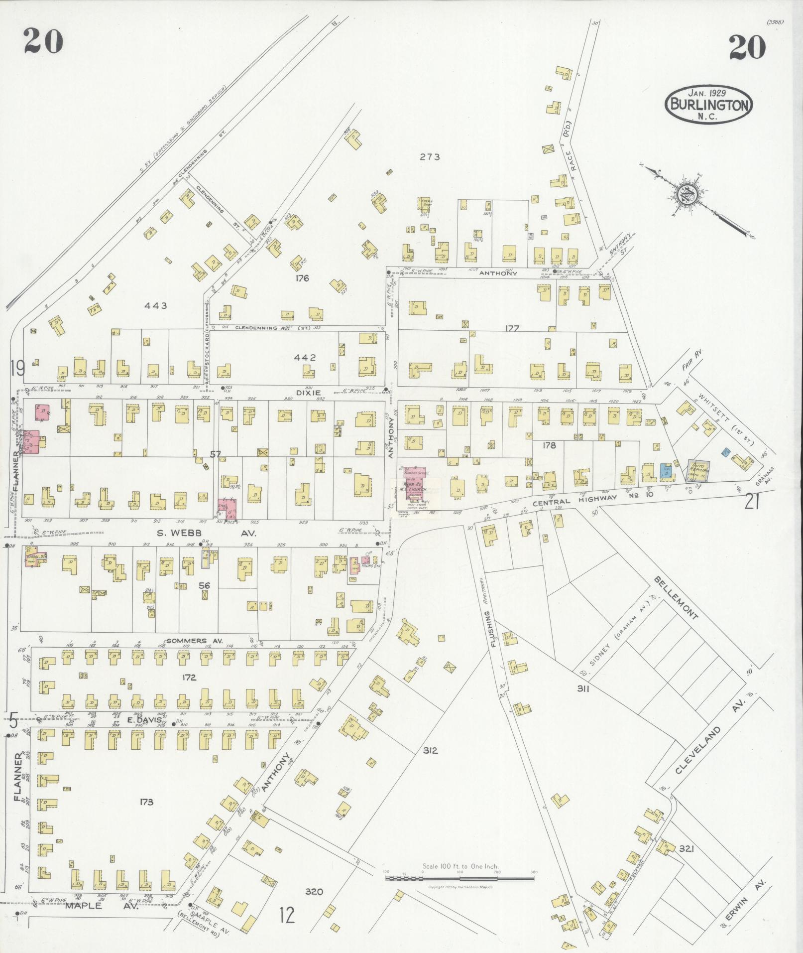 Sanborn Fire Insurance Map from Burlington, Alamance County, North Carolina (1929), Sheet #0020 - Complete Map Set gallery image, historic Sanborn map, vintage wall art, North Carolina North Carolina