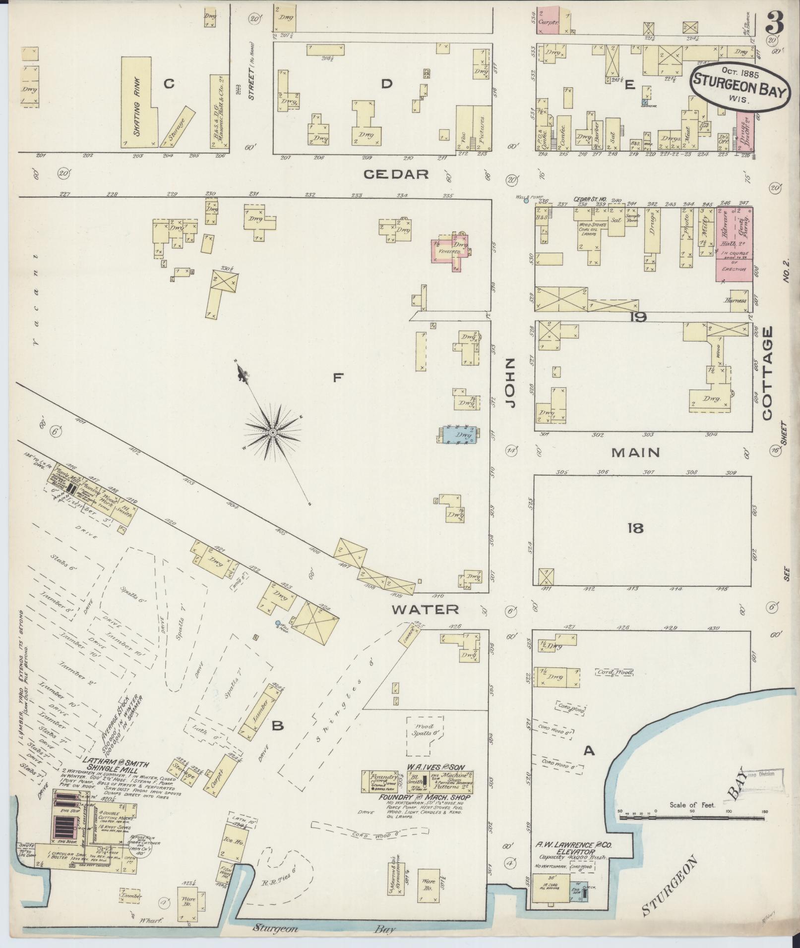 Sanborn Fire Insurance Map from Sturgeon Bay, Door County, Wisconsin (1885), Sheet #0003 - Historic Sanborn Fire Insurance Map Print, vintage old map wall art, antique decor, genealogy gift, Wisconsin Wisconsin map