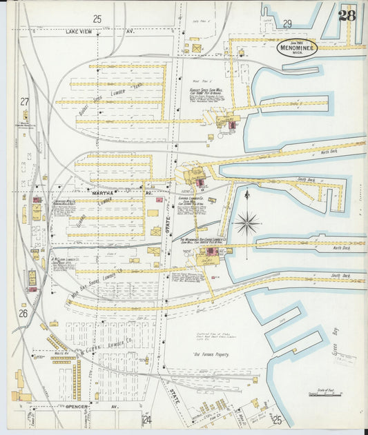 Sanborn Fire Insurance Map from Menominee, Menominee County, Michigan (1901), Sheet #0028 - Historic Sanborn Fire Insurance Map Print, vintage old map wall art, antique decor, genealogy gift, Michigan Michigan map