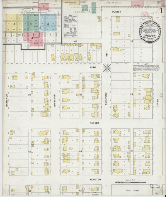 Sanborn Fire Insurance Map from Garrett, De Kalb County, Indiana (1895), Sheet #0001 - Historic Sanborn Fire Insurance Map Print, vintage old map wall art, antique decor, genealogy gift, Indiana Indiana map