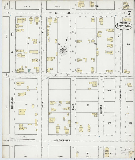 Sanborn Fire Insurance Map from Brunswick, Glynn County, Georgia (1889), Sheet #0007 - Historic Sanborn Fire Insurance Map Print, vintage old map wall art, antique decor, genealogy gift, Georgia Georgia map