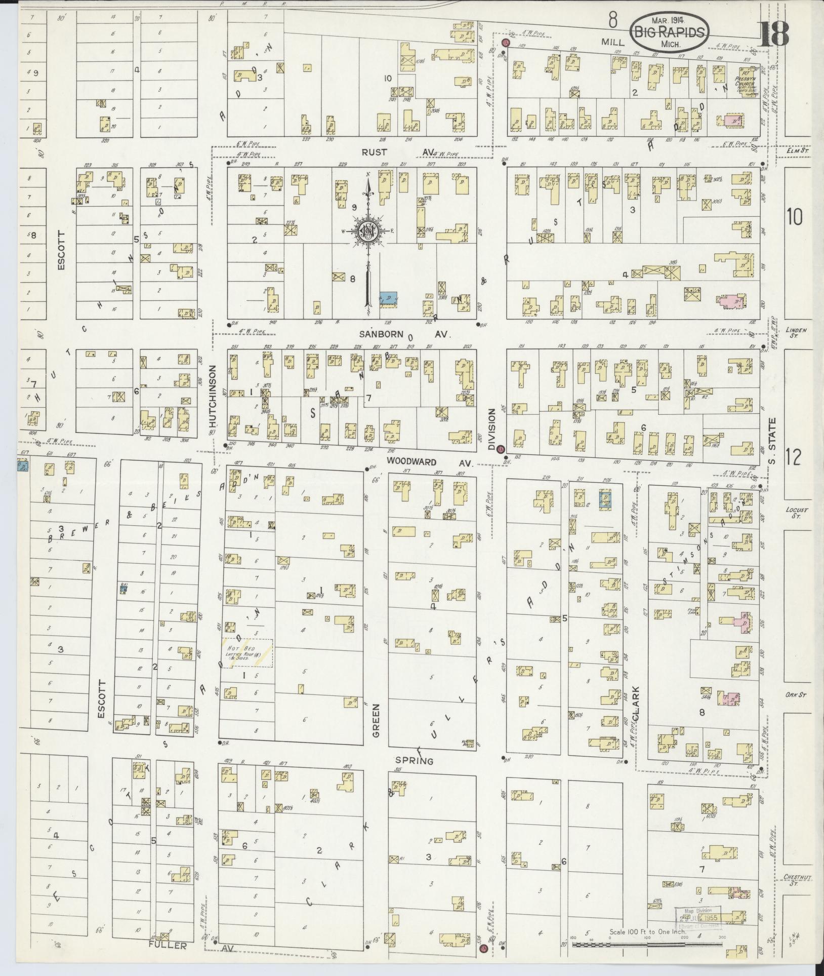 Sanborn Fire Insurance Map from Big Rapids, Mecosta County, Michigan (1914), Sheet #0018 - Complete Map Set gallery image, historic Sanborn map, vintage wall art, Michigan Michigan