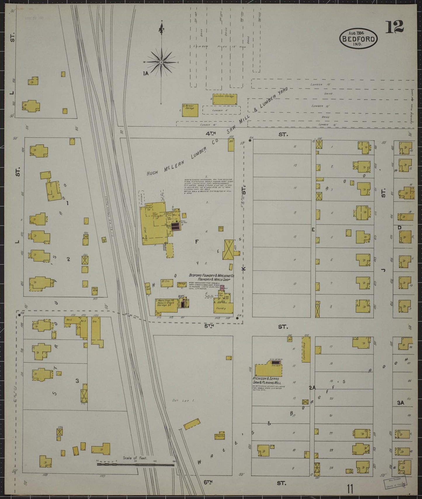 Sanborn Fire Insurance Map from Bedford, Lawrence County, Indiana (1904), Sheet #0012 - Complete Map Set gallery image, historic Sanborn map, vintage wall art, Indiana Indiana