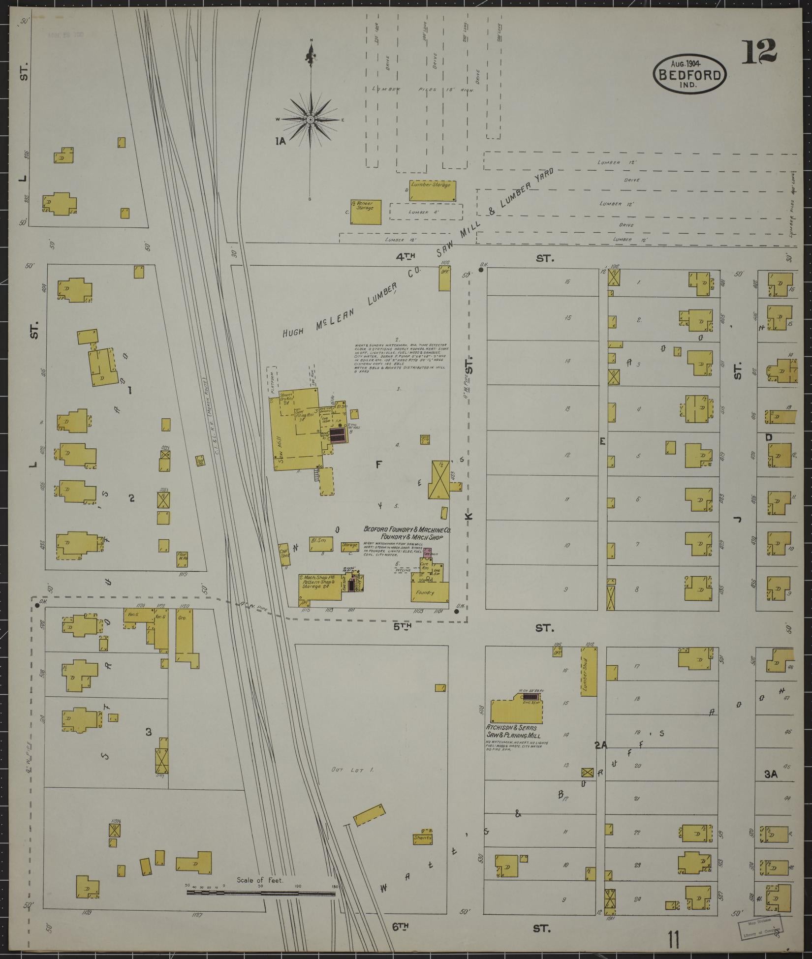 Sanborn Fire Insurance Map from Bedford, Lawrence County, Indiana (1904), Sheet #0012 - Complete Map Set gallery image, historic Sanborn map, vintage wall art, Indiana Indiana