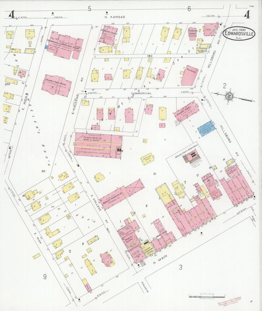 Sanborn Fire Insurance Map from Edwardsville, Madison County, Illinois (1930), Sheet #0004 - Historic Sanborn Fire Insurance Map Print, vintage old map wall art, antique decor, genealogy gift, Illinois Illinois map