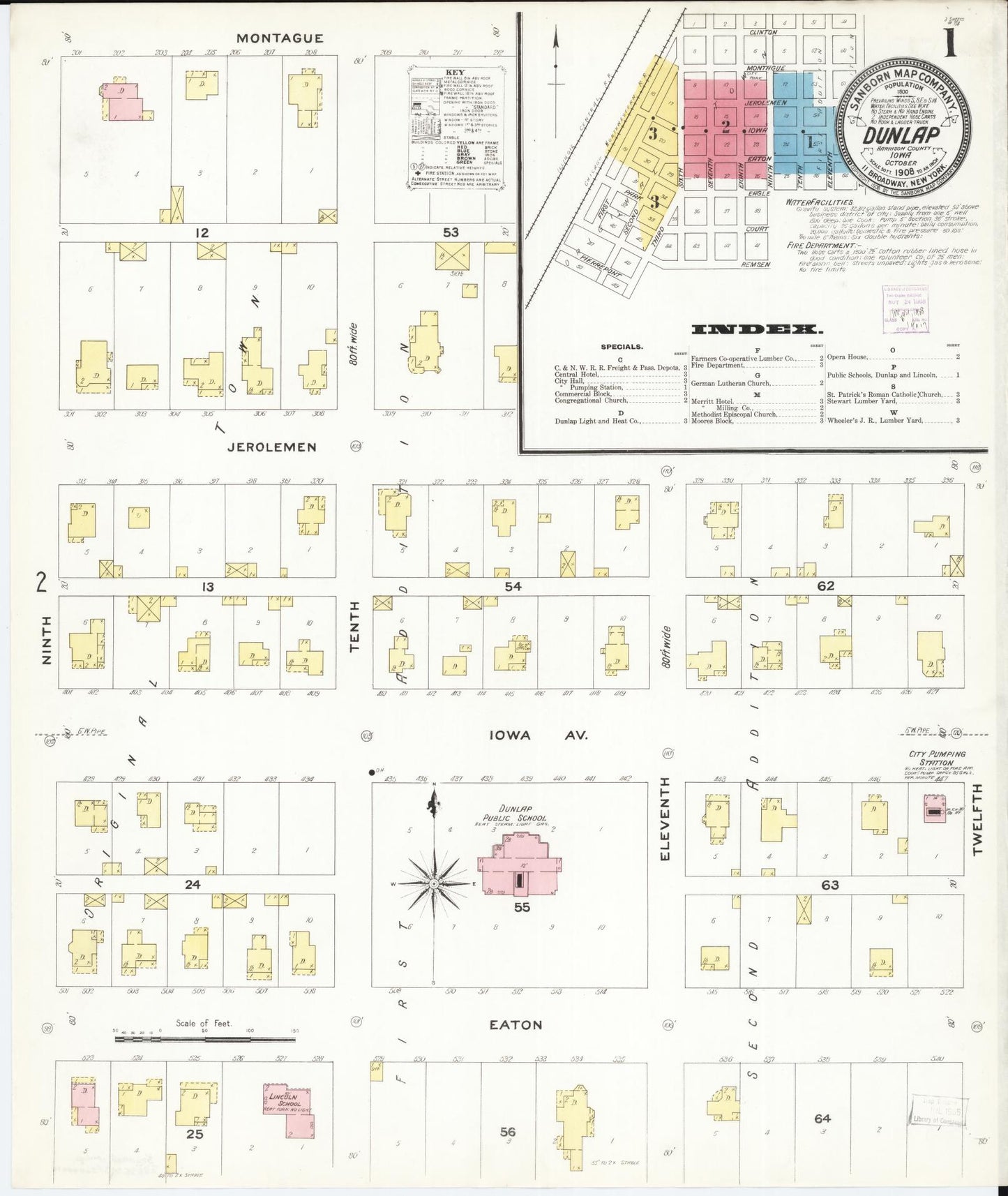 Sanborn Fire Insurance Map from Dunlap, Harrison County, Iowa (1908), Sheet #0001 - Historic Sanborn Fire Insurance Map Print, vintage old map wall art