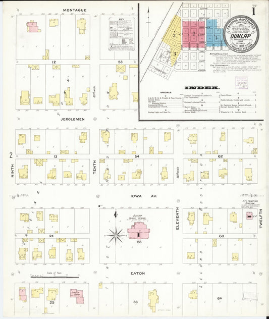 Sanborn Fire Insurance Map from Dunlap, Harrison County, Iowa (1908), Sheet #0001 - Historic Sanborn Fire Insurance Map Print, vintage old map wall art