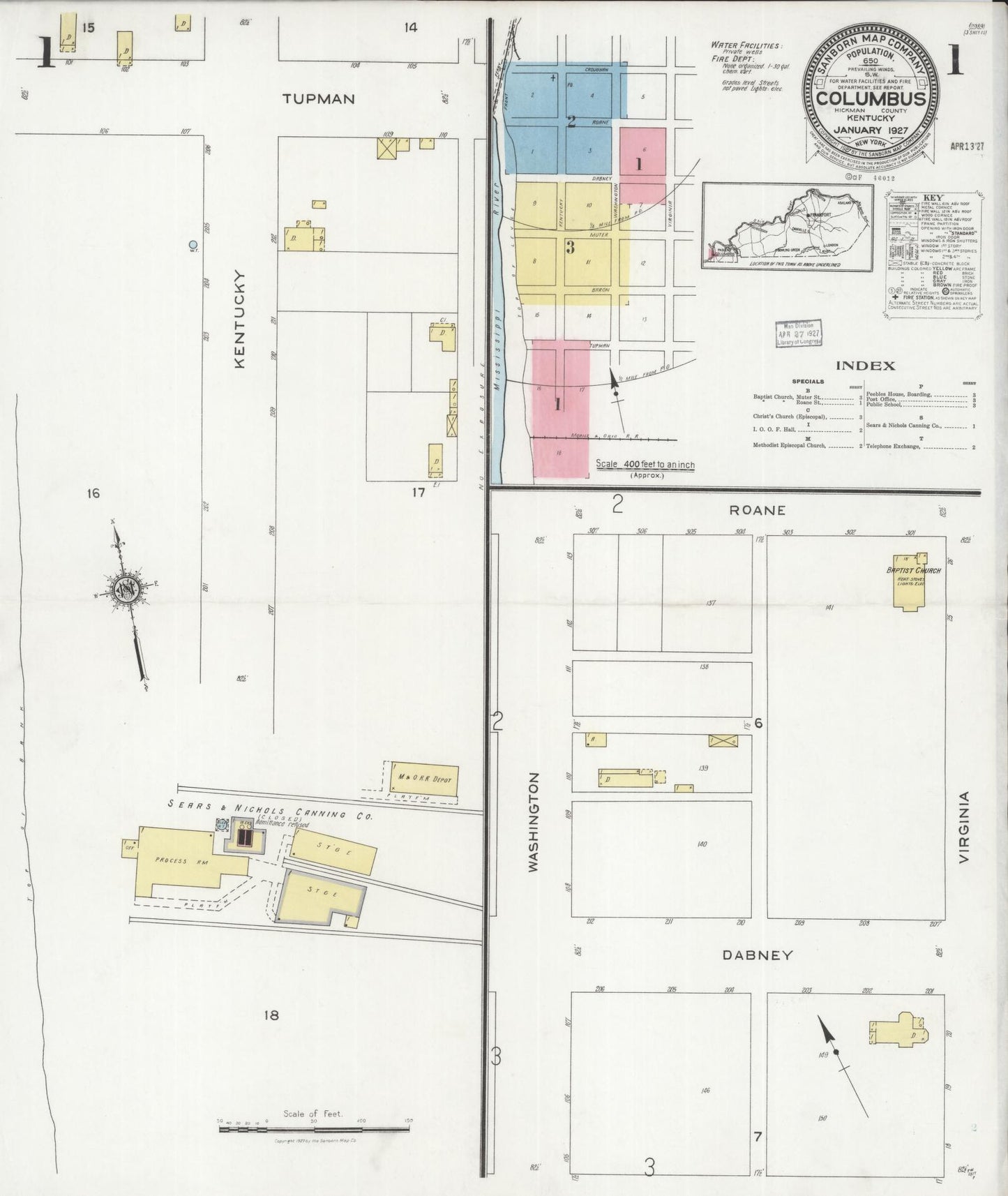 Sanborn Fire Insurance Map from Columbus, Hickman County, Kentucky (1927), Sheet #0001 - Complete Map Set gallery image, historic Sanborn map, vintage wall art, Kentucky Kentucky