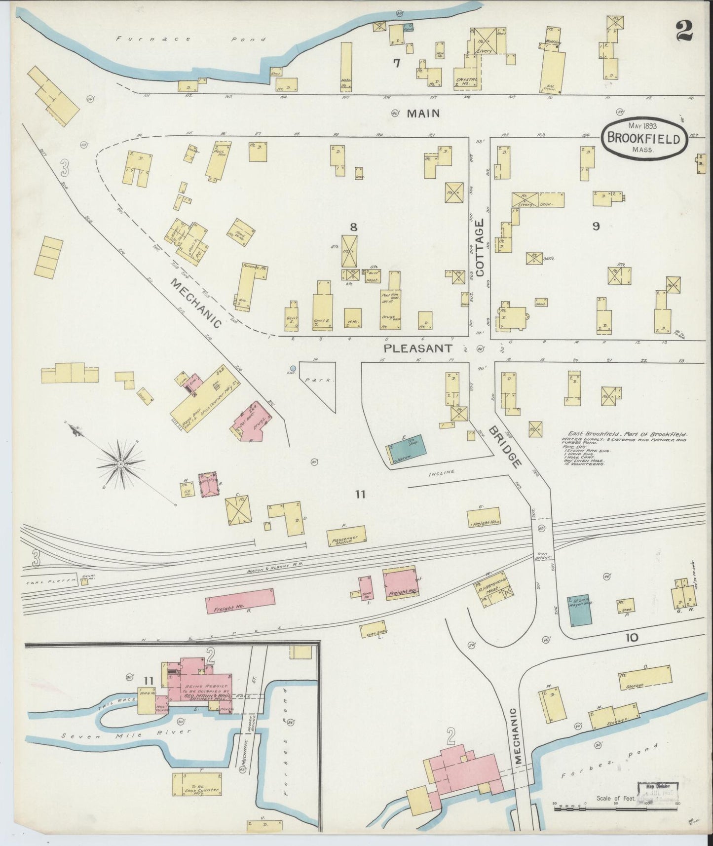 Sanborn Fire Insurance Map from Brookfield, Worcester County, Massachusetts (1893), Sheet #0002 - Historic Sanborn Fire Insurance Map Print, vintage old map wall art, antique decor, genealogy gift, Massachusetts Massachusetts map