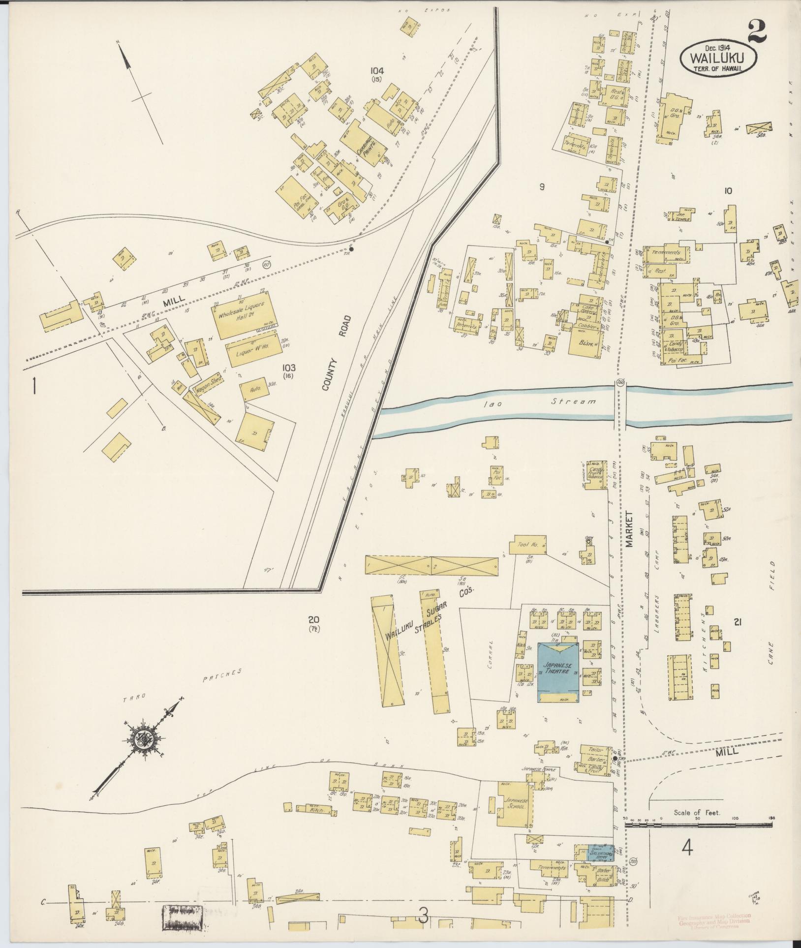 Sanborn Fire Insurance Map from Wailuku, Maui County, Hawaii (1914), Sheet #0002 - Historic Sanborn Fire Insurance Map Print, vintage old map wall art, antique decor, genealogy gift, Hawaii Hawaii map