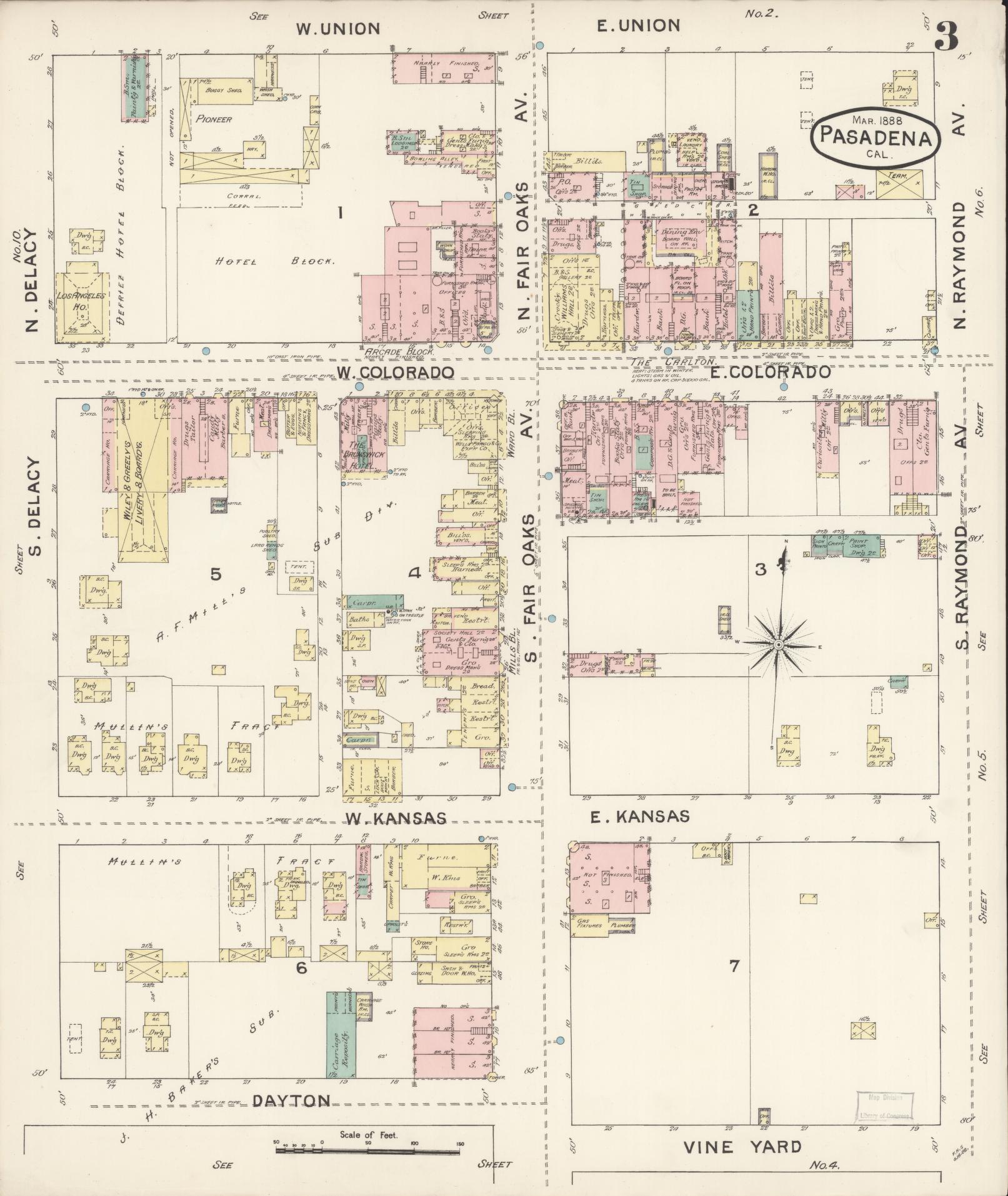 Sanborn Fire Insurance Map from Pasadena, Los Angeles County, California (1888), Sheet #0003 - Complete Map Set gallery image, historic Sanborn map, vintage wall art, California California
