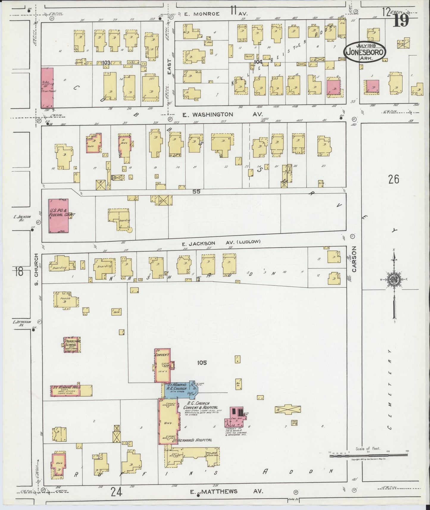 Sanborn Fire Insurance Map from Jonesboro, Craighead County, Arkansas (1919), Sheet #0019 - Historic Sanborn Fire Insurance Map Print, vintage old map wall art, antique decor, genealogy gift, Arkansas Arkansas map