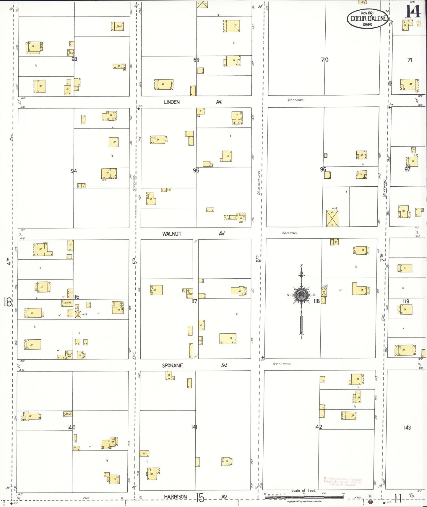 Sanborn Fire Insurance Map from Coeur D'alene, Kootenai County, Idaho (1921), Sheet #0014 - Complete Map Set gallery image, historic Sanborn map, vintage wall art, Idaho Idaho