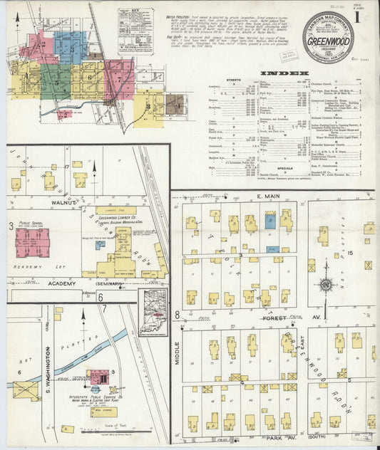 Sanborn Fire Insurance Map from Greenwood, Johnson County, Indiana (1920), Sheet #0001 - Historic Sanborn Fire Insurance Map Print, vintage old map wall art, antique decor, genealogy gift, Indiana Indiana map