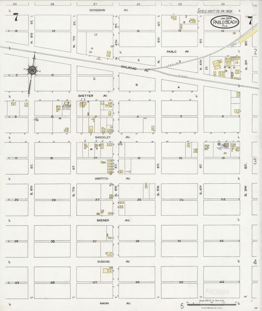 Sanborn Fire Insurance Map from Pablo Beach, Duval County, Florida (1924), Sheet #0007 - Historic Sanborn Fire Insurance Map Print, vintage old map wall art, antique decor, genealogy gift, Florida Florida map