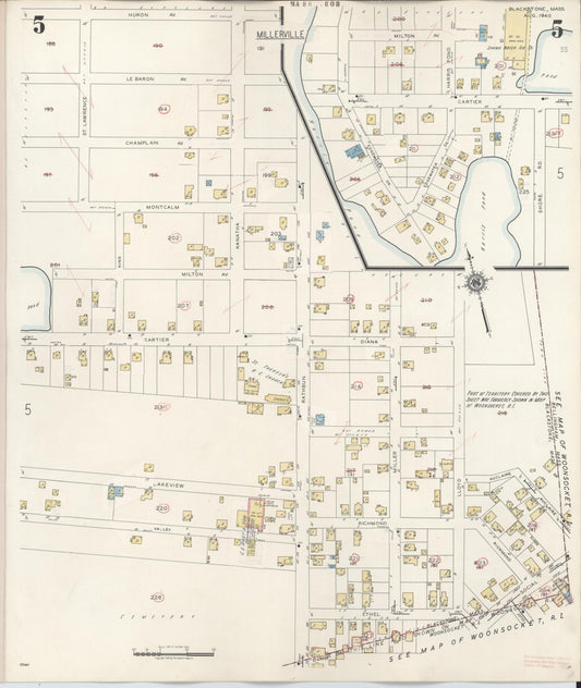 Sanborn Fire Insurance Map from Blackstone, Worcester County, Massachusetts (1948), Sheet #0005 - Historic Sanborn Fire Insurance Map Print, vintage old map wall art, antique decor, genealogy gift, Massachusetts Massachusetts map