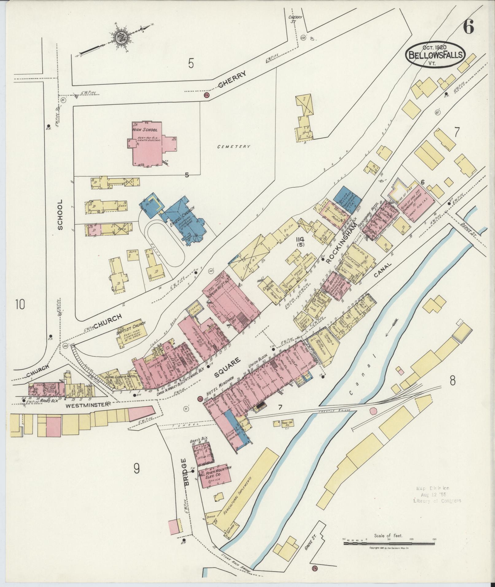 Sanborn Fire Insurance Map from Bellows Falls, Windham County, Vermont (1920), Sheet #0006 - Historic Sanborn Fire Insurance Map Print, vintage old map wall art, antique decor, genealogy gift, Vermont Vermont map