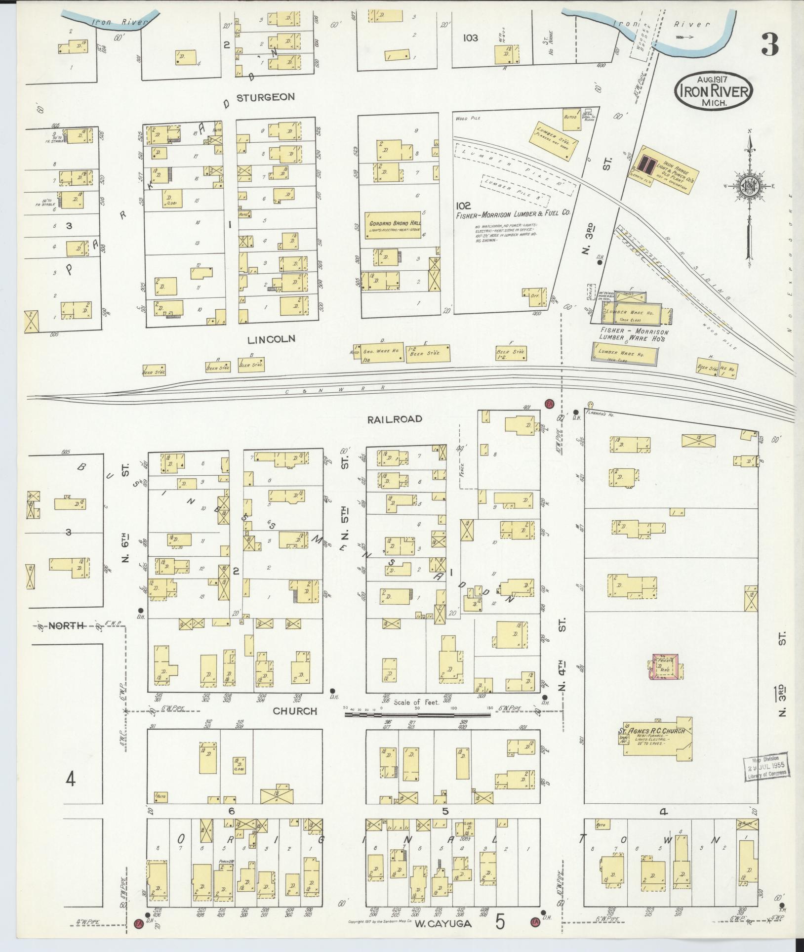 Sanborn Fire Insurance Map from Iron River, Iron County, Michigan (1917), Sheet #0003 - Complete Map Set gallery image, historic Sanborn map, vintage wall art, Michigan Michigan