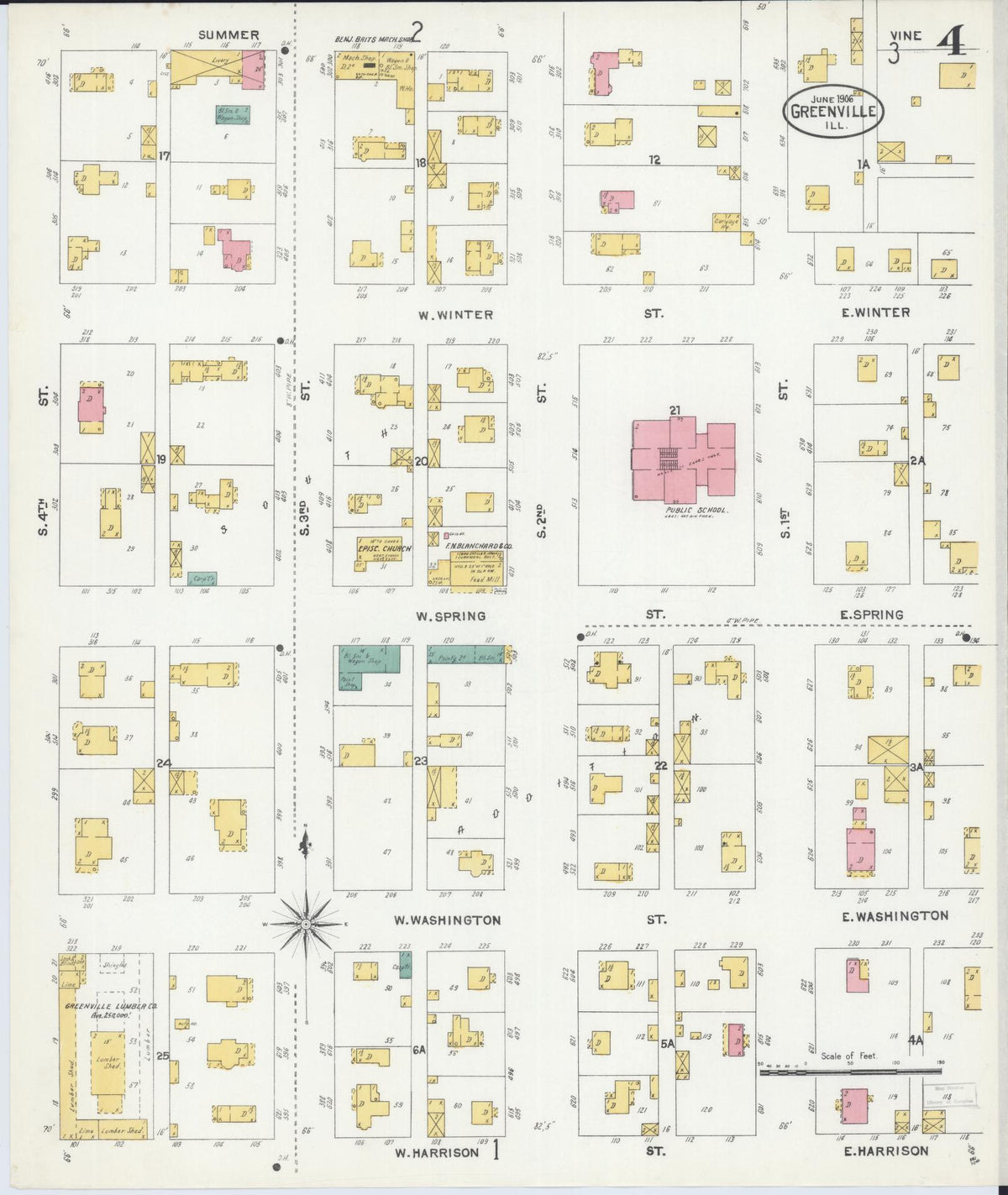 Sanborn Fire Insurance Map from Greenville, Bond County, Illinois (1906), Sheet #0004 - Historic Sanborn Fire Insurance Map Print, vintage old map wall art, antique decor, genealogy gift, Illinois Illinois map