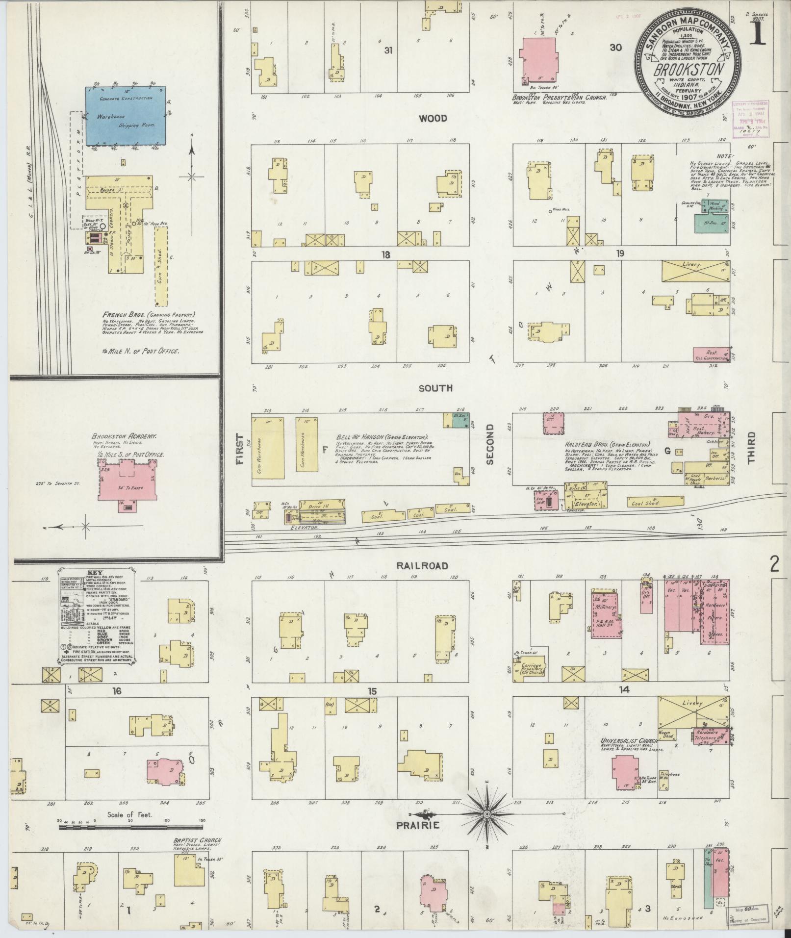 Sanborn Fire Insurance Map from Brookston, White County, Indiana (1907), Sheet #0001 - Historic Sanborn Fire Insurance Map Print, vintage old map wall art, antique decor, genealogy gift, Indiana Indiana map